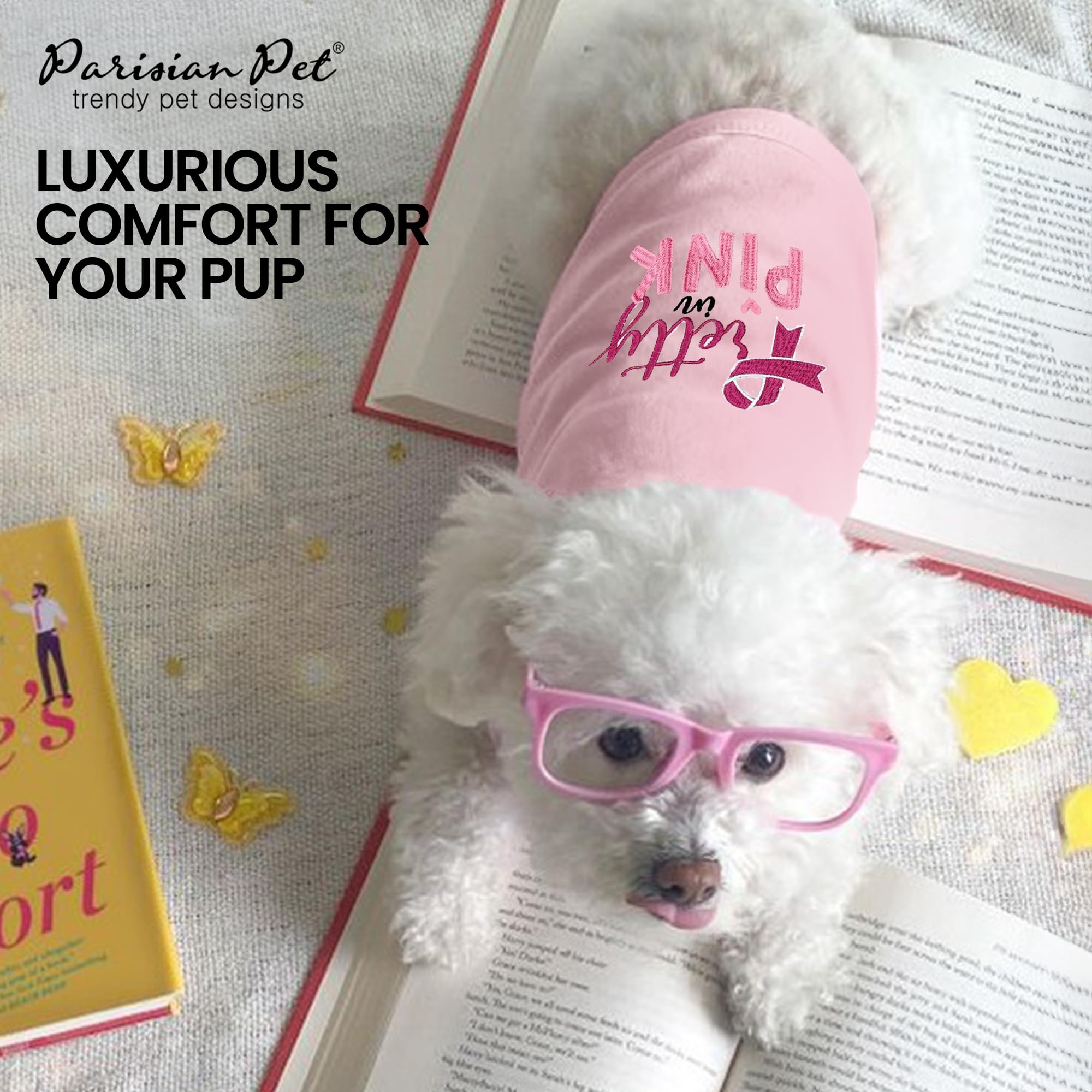 Parisian Pet Dog Tshirt - Embroidered “ Pretty In Pink “ Girl Dog Shirt - Breathable And Lightweight Dog Clothes - Sleeveless Dog Tee Shirts - Machine Washable Dog Shirt For Large Dogs - L