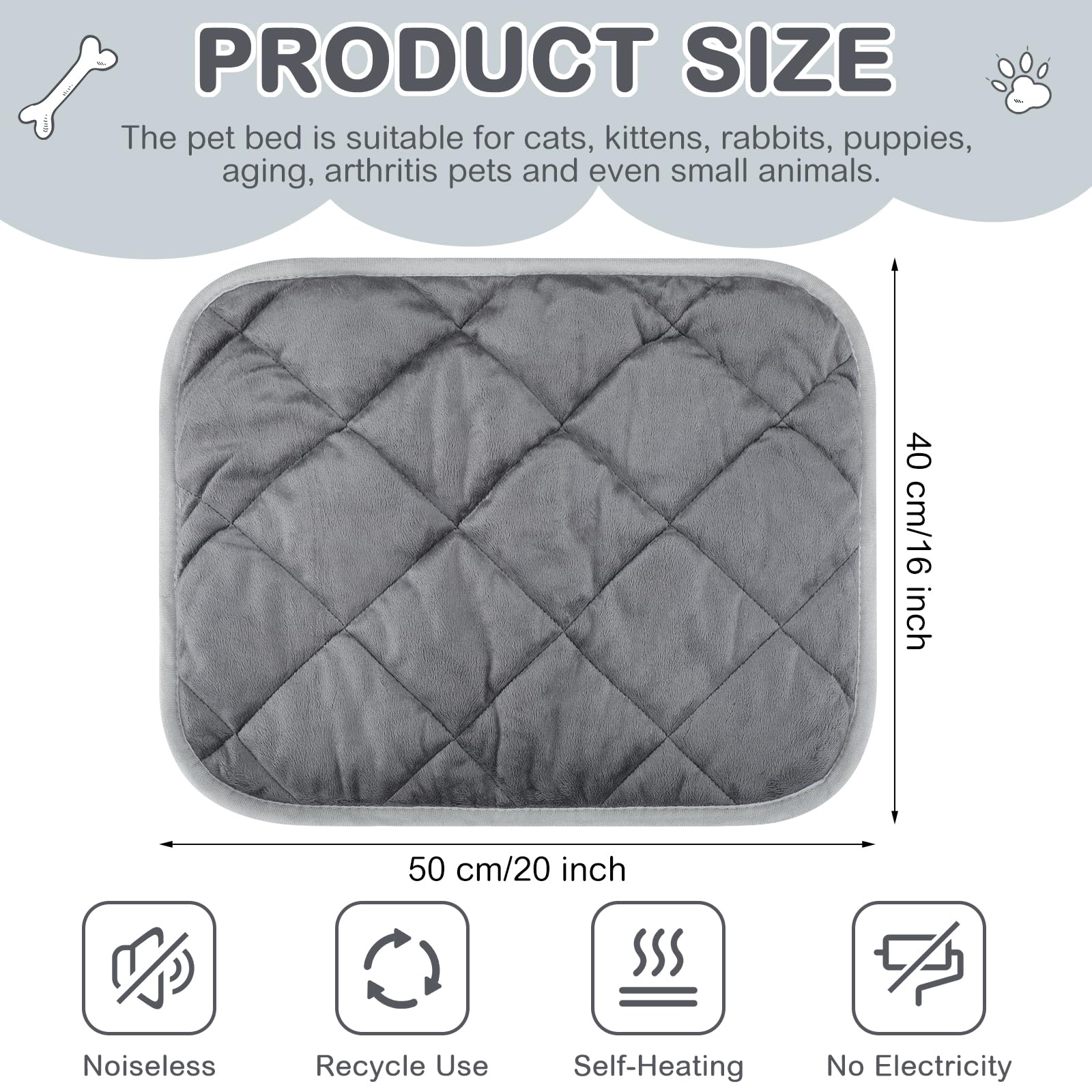Clysee Self-Heating Cat Mat, Extra Warm Thermal Pet Bed, 16 x 20 Inch, Gray, Fluffy Fabric, Model KEN-Clysee-0452