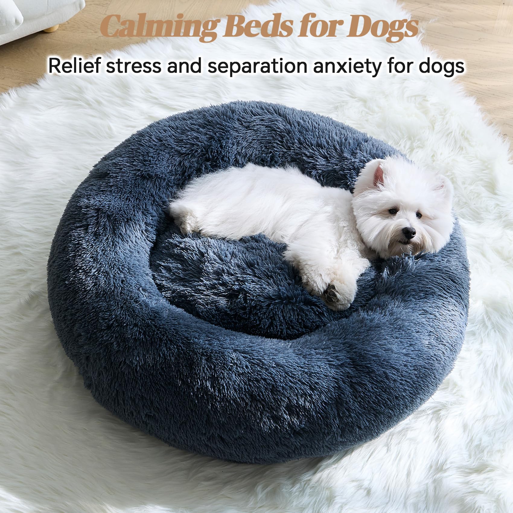 Calming Small Dog Bed, Donut Fluffy Anti-Anxiety Round Washable Cute Bed, Plush Cozy Cuddler Warming Soft Comfort Pet Bed For Sm