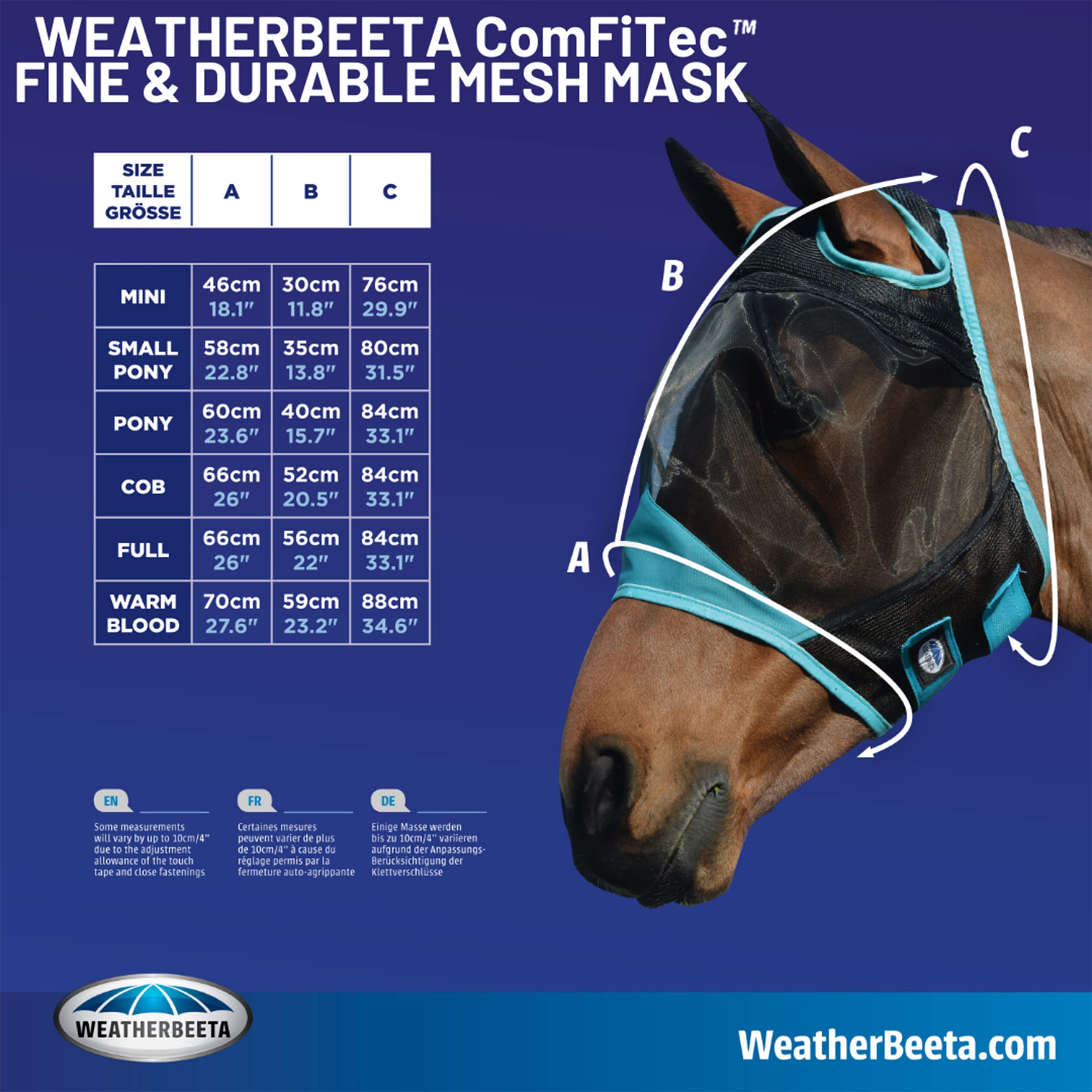WeatherBeeta ComFiTec Fine Mesh Mask with Ears, Black/Turquoise, Pony