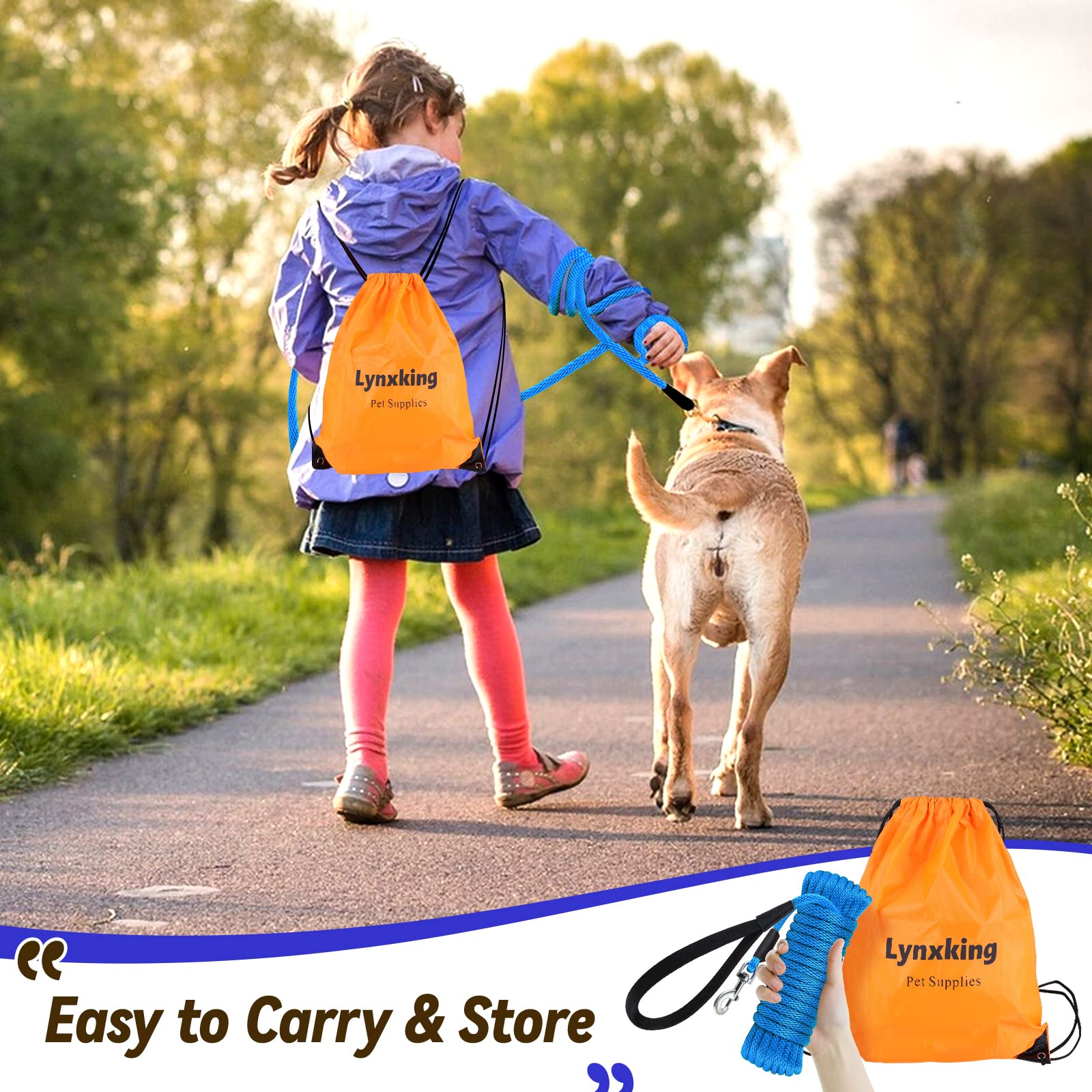 Lynxking Check Cord Dog Leash Long Lead Training Tracking Line Comfortable Handle Heavy Duty Puppy Rope 10Ft 15Ft 30Ft 50Ft For Small Medium Large Dog Blue