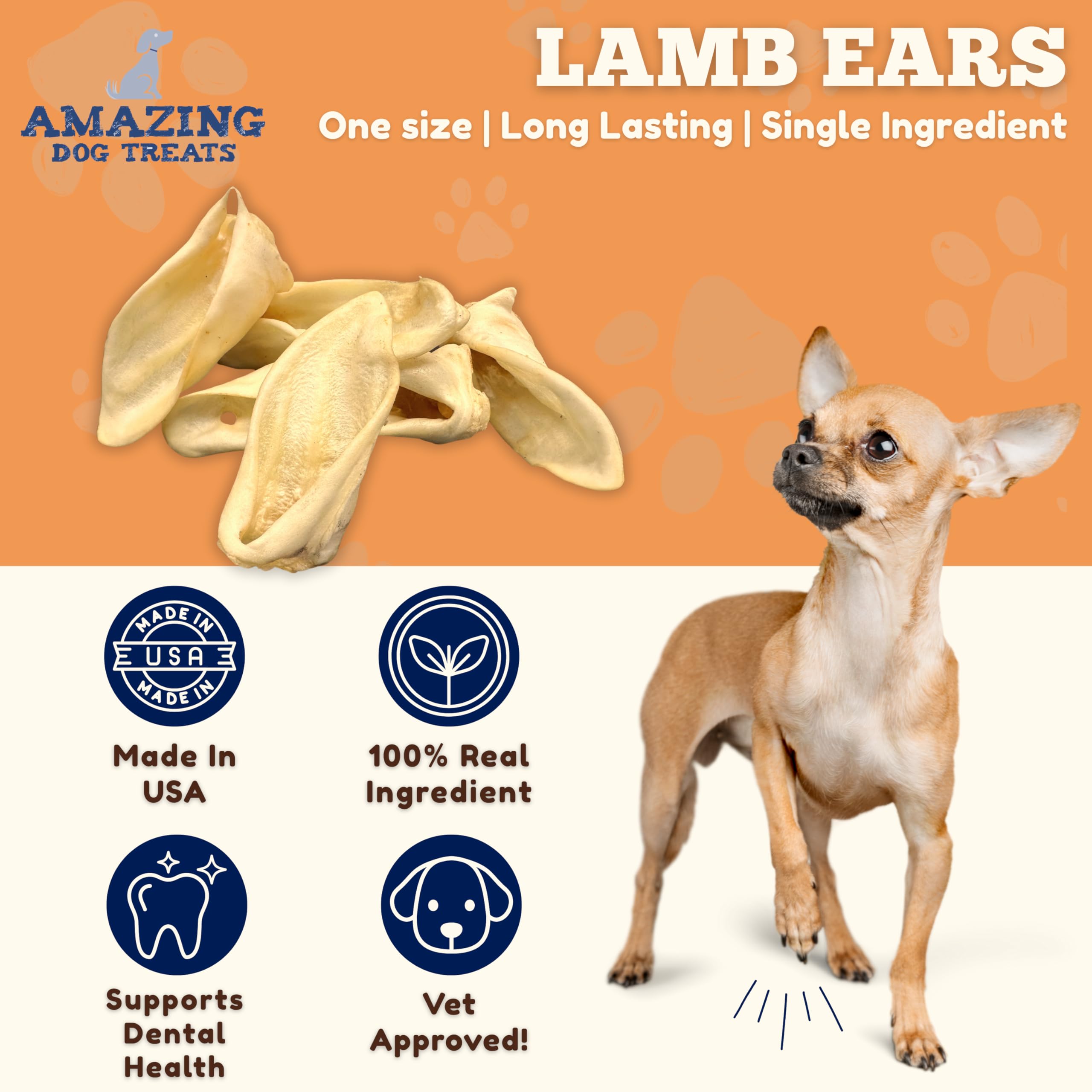 Amazing Dog Treats Lamb Ears - Natural Chews, Rawhide Alternative, 25 Pcs, 0.64 Oz