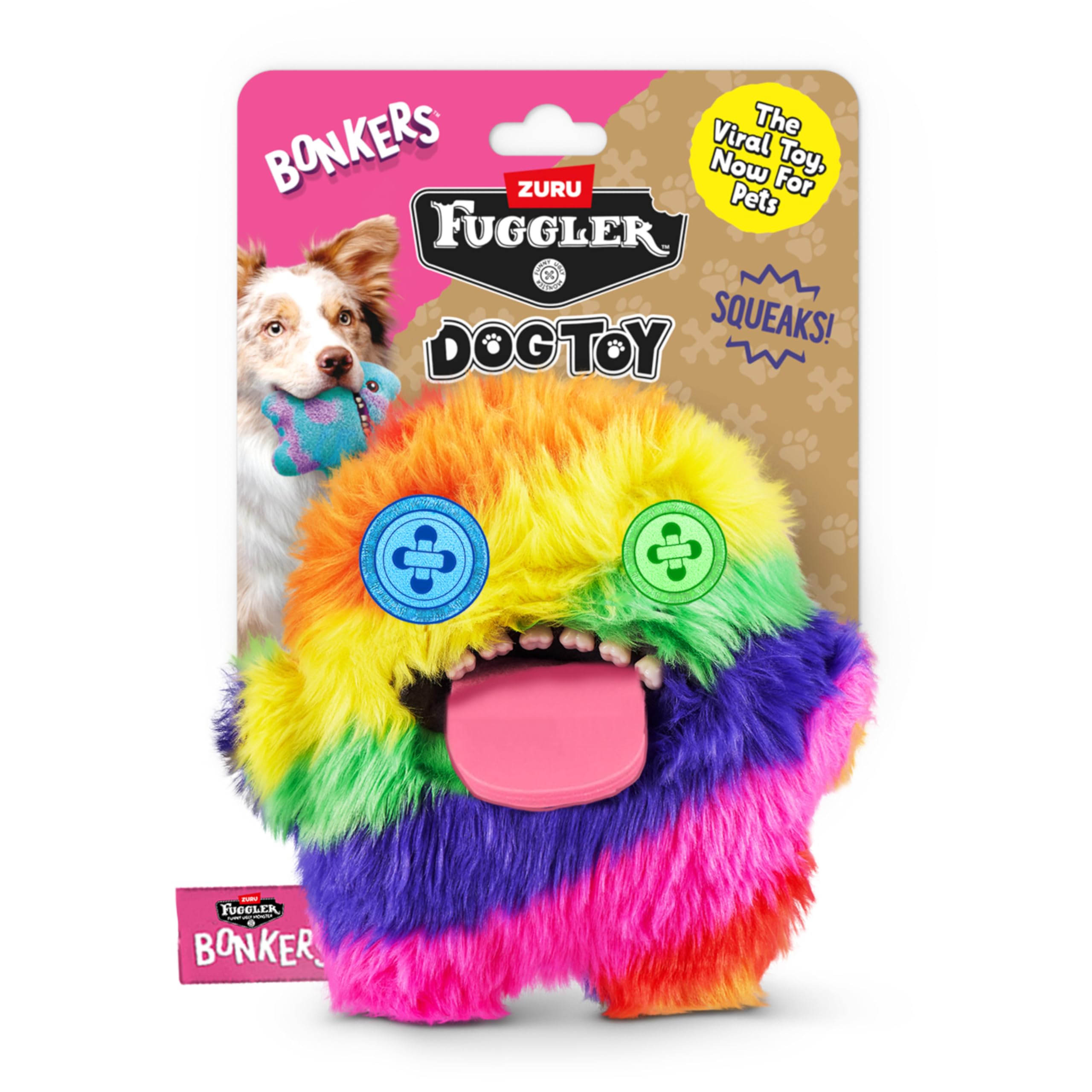 Bonkers Fuggler Oogah Boogah Squeaky & Plush Dog Toy for Playtime, Multi-Color, 8 inches