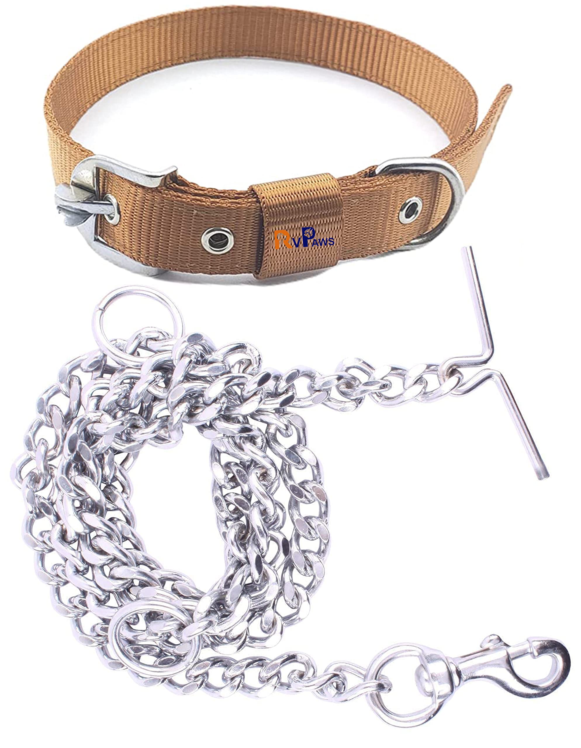 Rvpaws Combo Nylon Dog Belt  1 Inch Collar With Heavy Dog Chain 63 Inch Lengthy Dog Collar Chain Adjustable (Collar Neck Size 1