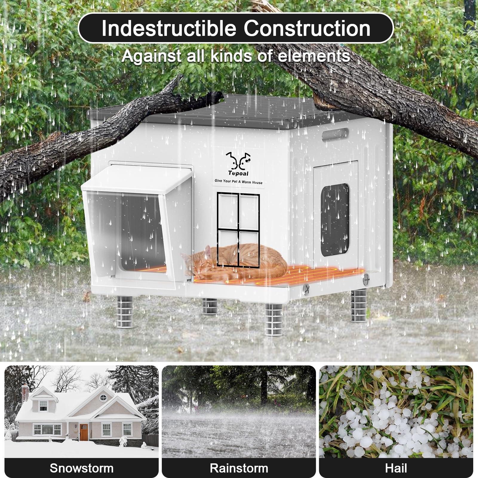 Dahivs Indestructible Large Heated Cat House for Outside, Heated Outdoor Cat House 100% Weatherproof with Escape Door, Insulated