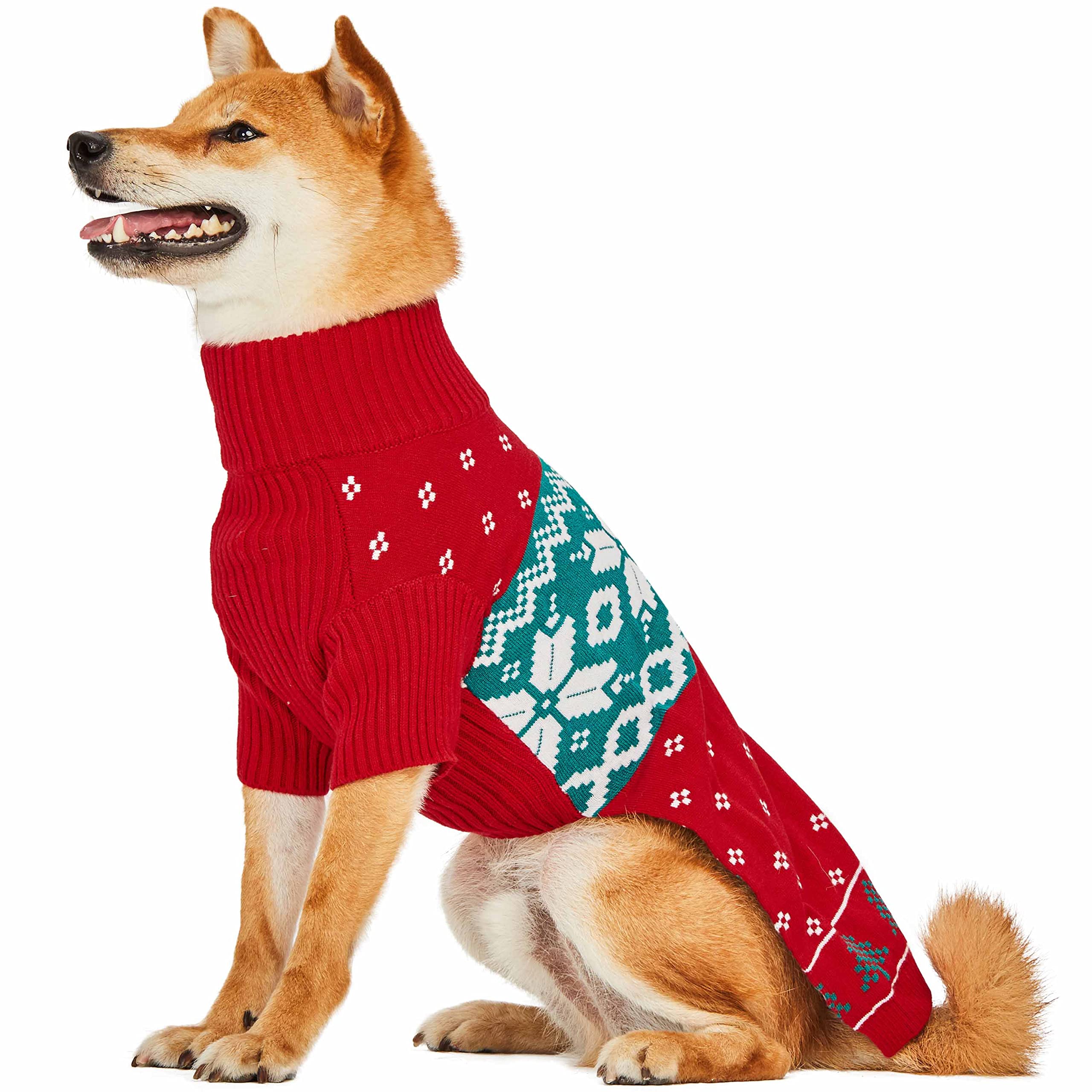 Blueberry Pet Christmas Tree And Snowflake Dog Sweater In Festive Red, Back Length 18', Pack Of 1 Clothes For Dogs