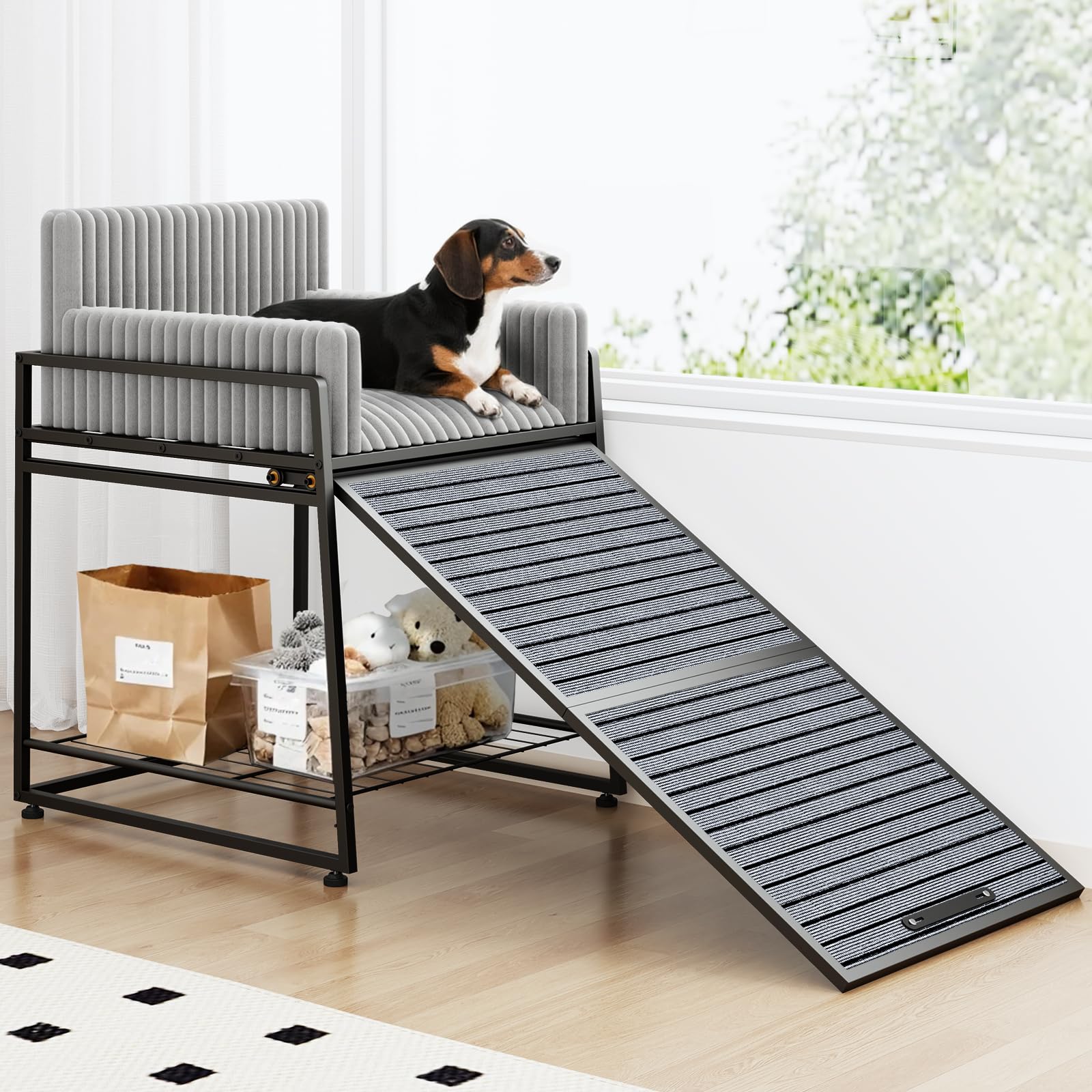 Pet Stairs Ramp with Seat,Dog Window Perch with Stairs and Storage,Dog Seat with Ramp Steps,Folding Pet Ramp for Dogs Cats,Bunk 