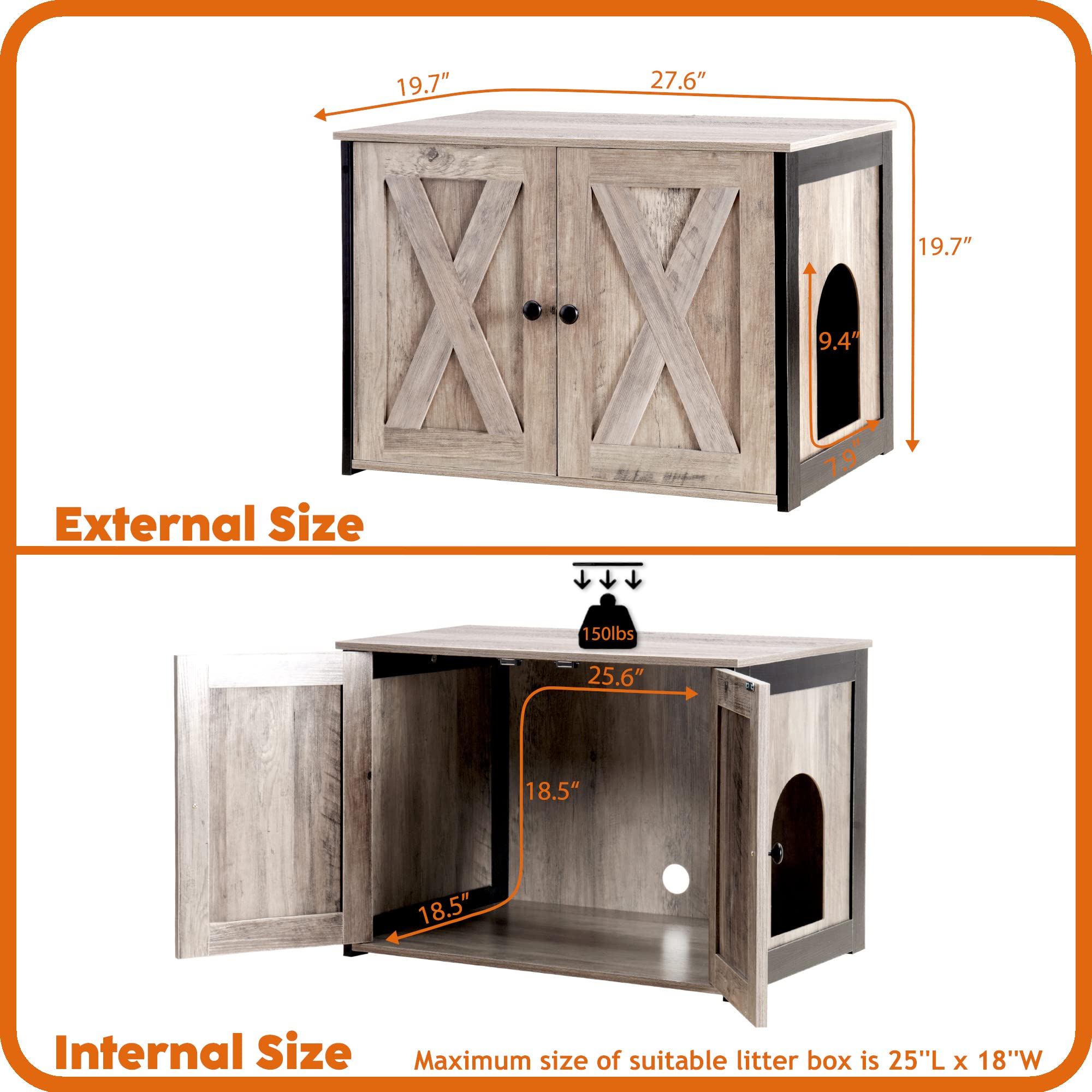Dwanton Litter Box Enclosure, Cat Litter Box Furniture Hidden, Reversible Entrance Can Be On Left Or Right Side, Wooden Cat Washroom Indoor, Fit Most Of Litter Box, 27.6 X 19.7 X 19.7 Inches