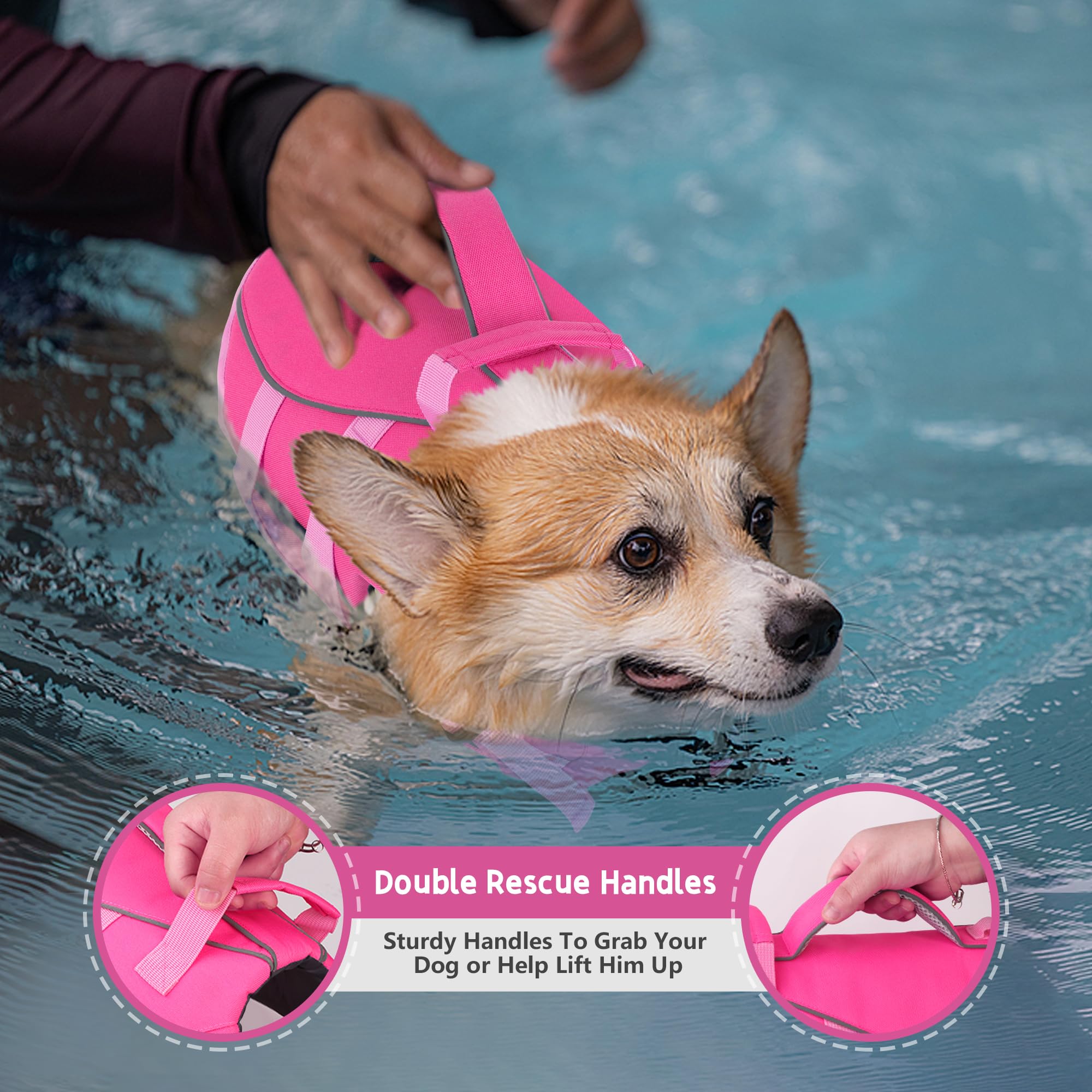 Dogcheer Dog Life Jacket With Double Rescue Handle, Reflective Dog Harness Life Vest For Swimming Boating, Adjustable Pet Swim V