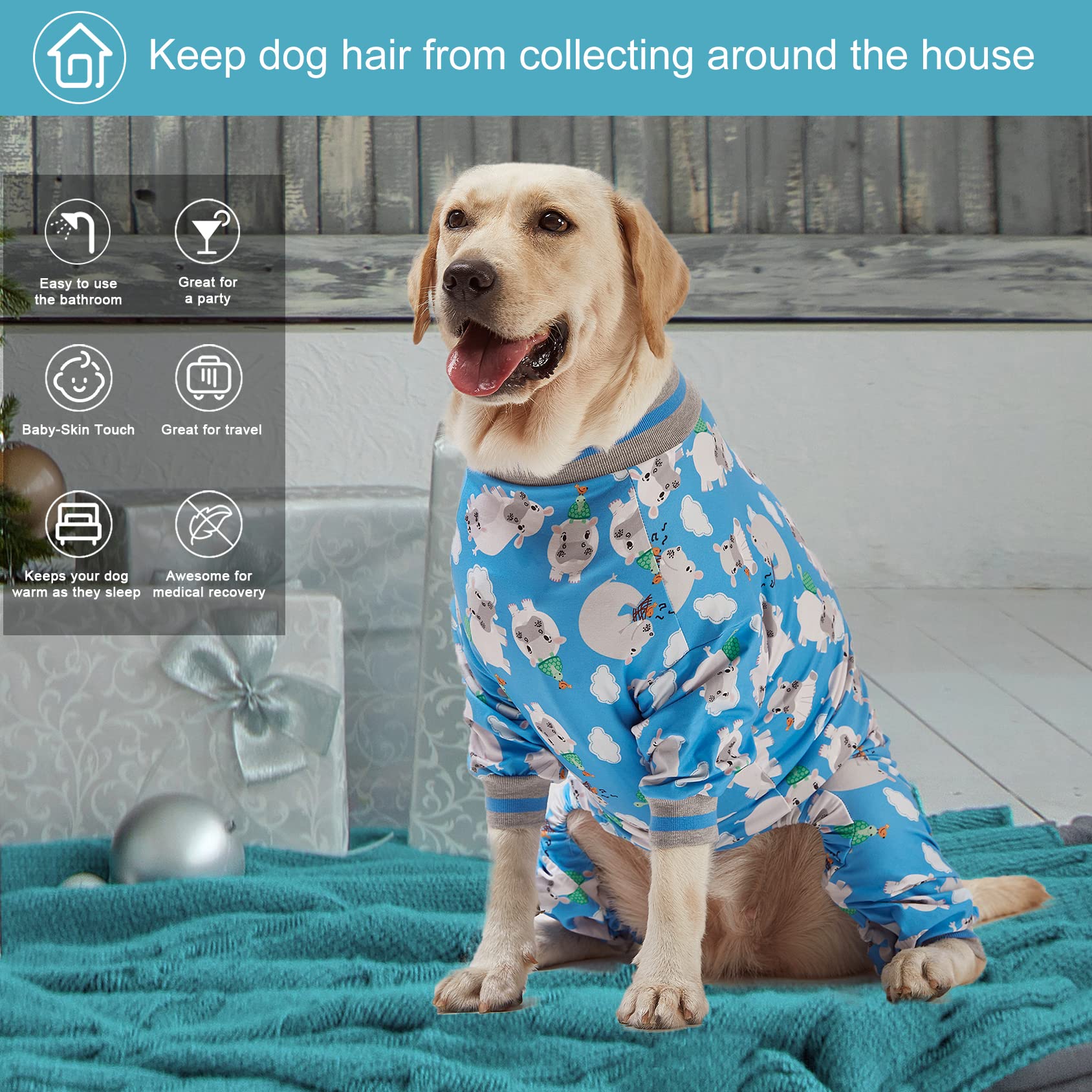 LovinPet Dog Pajamas, Cozy Pullover PJs for Large Dogs, 65% Cotton, Blue, XX-Large, Happy Hippo Print, Model LP-8JHEMAYUN