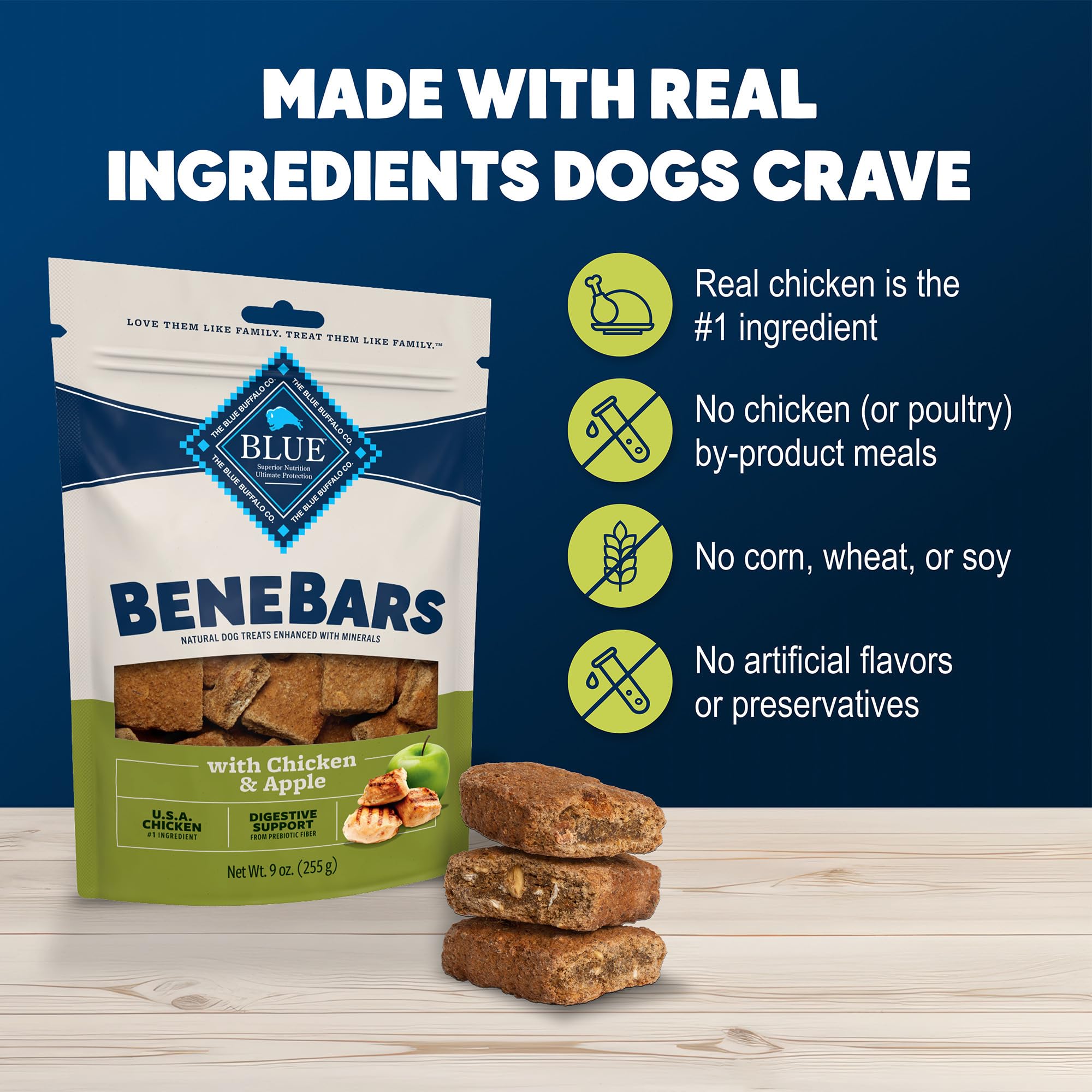 Blue Buffalo BeneBars Digestive Support Dog Treats with Prebiotic Fiber, Made with Natural Ingredients, USA Chicken & Apple, 9-o