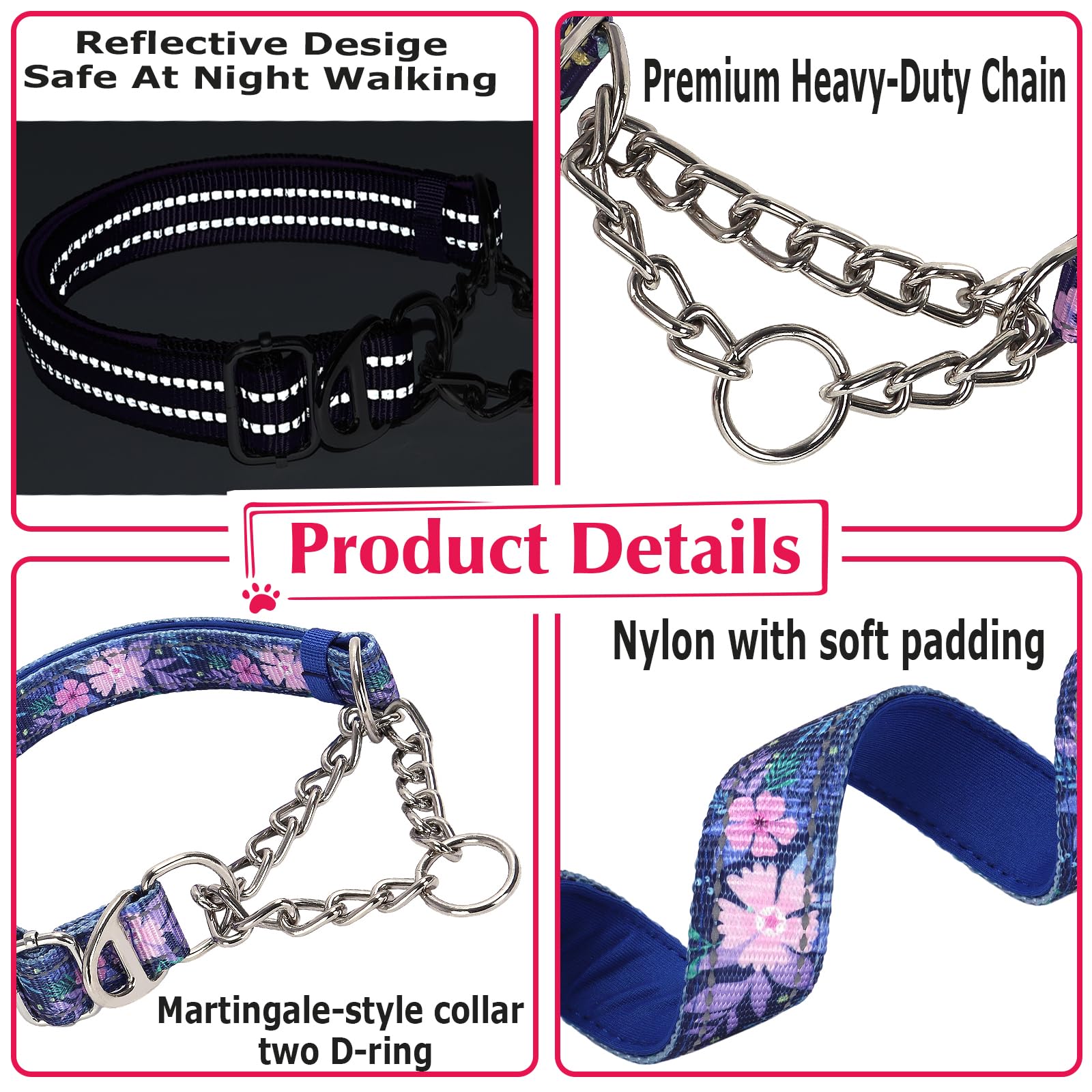 Martingale Dog Collar With Steel Chain, Reflective Choke Collar With Soft Padded- Adjustable No Pull With Bohemia Flower For Tra