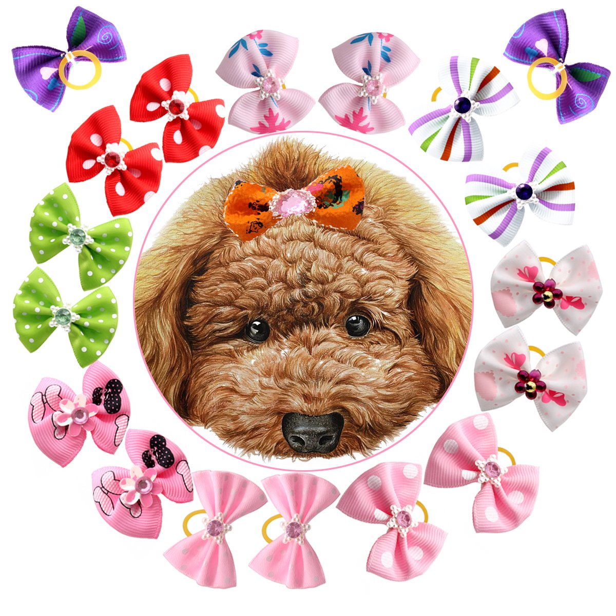 Yoy 50 Pcs Adorable Grosgrain Ribbon Pet Dog Hair Bows With Elastic Rubber Bands - Doggy Kitty Topknot Grooming Accessories Set
