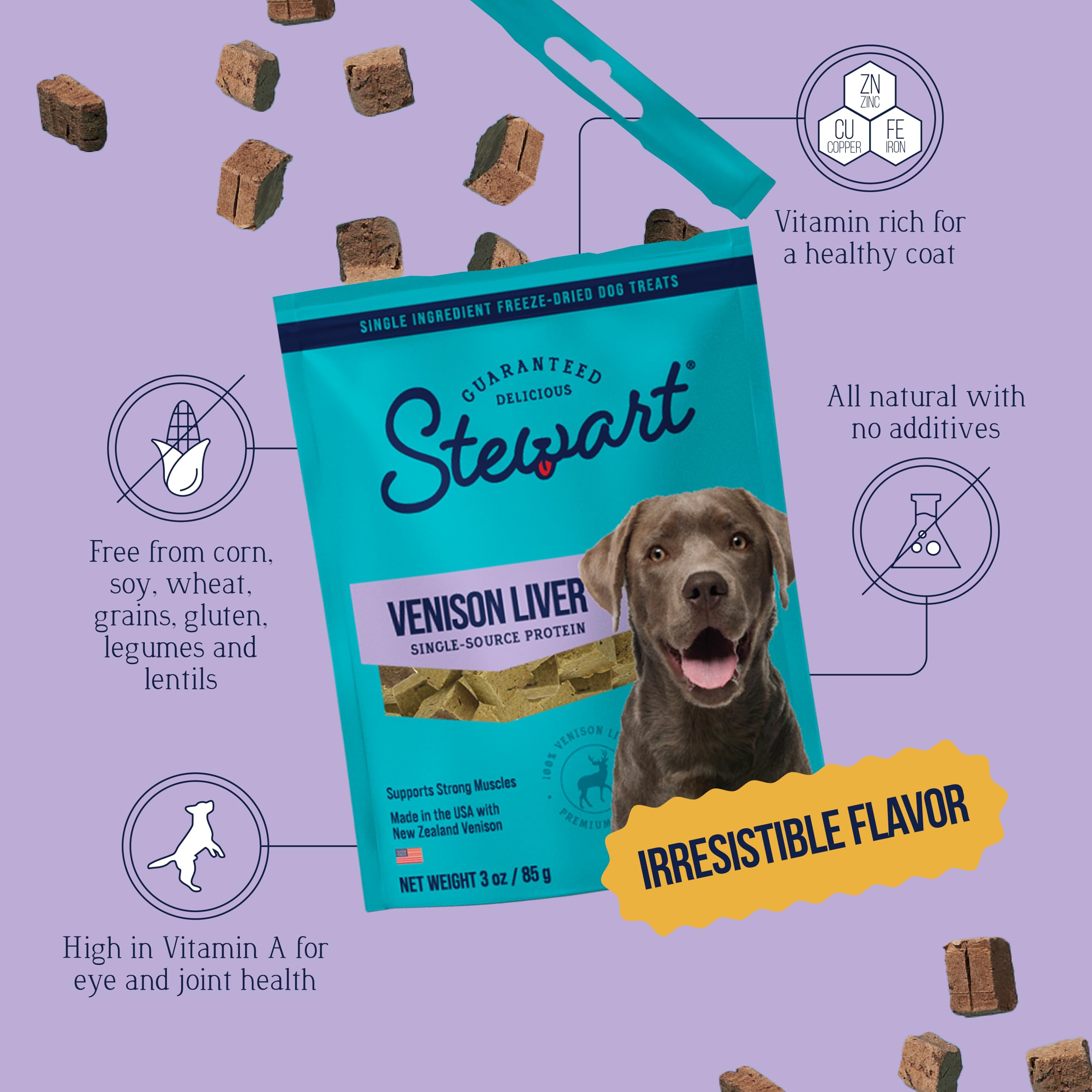 Stewart Single Ingredient Freeze Dried Raw Dog Treats, Venison Liver, 3 Ounce Resealable Pouch, Training Treats or Meal Topper D
