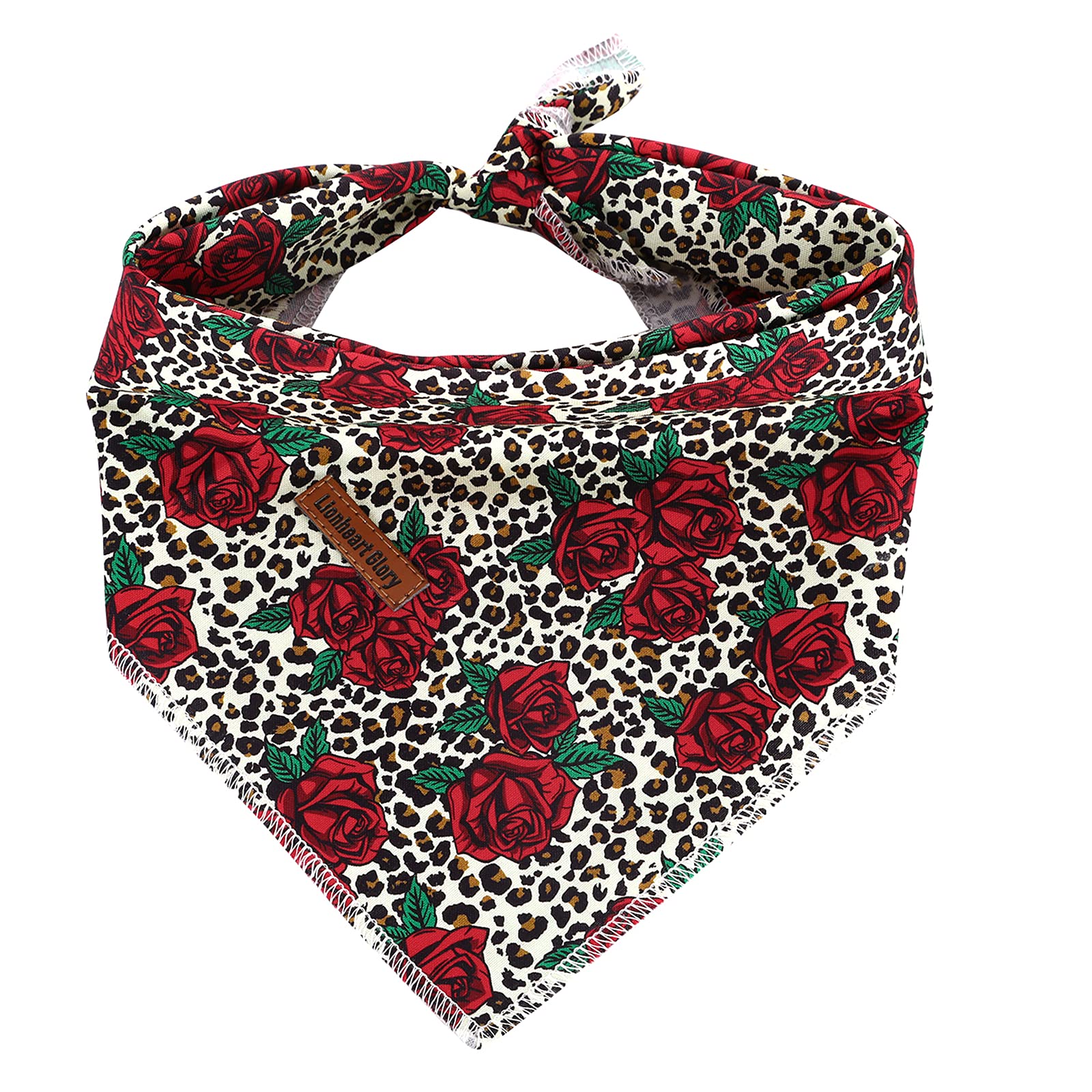 Lionheart Glory Dog Bandana 1 Pack Washable Soft Cotton Rose Leopard Bibs Scarf, Adjustable Kerchief Square Dog Bandanas For Lar