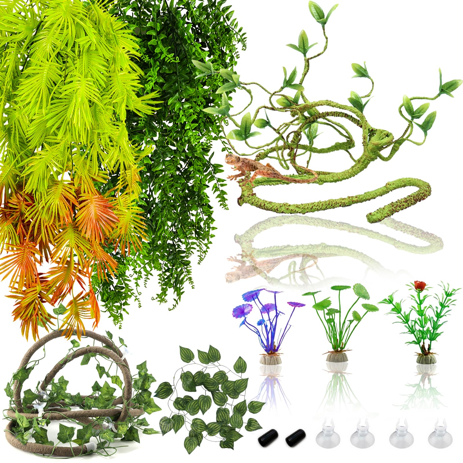 Runania 9 Pieces Reptile Vines Plants, Leopard Gecko Tank Accessories Terrarium Jungle Climbing Vines Hanging Plants With Suction Cups For Bearded Dragon Leopard Gecko Lizard Snake Chameleon