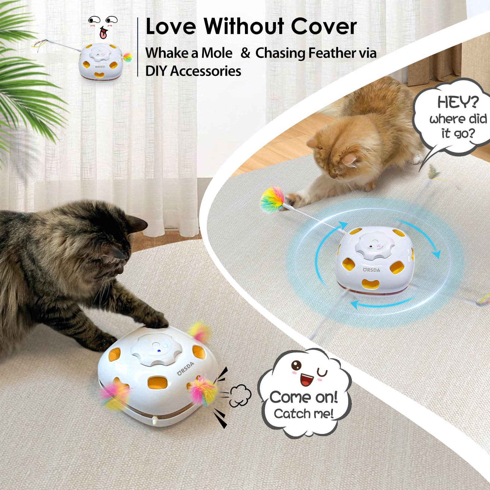 Orsda Cat Toys For Indoor Cats, 4 In 1 Interactive Cat Toys, Automatic Cat Toy Kitten Toy, Rechargeable Electric Enrichment Toy