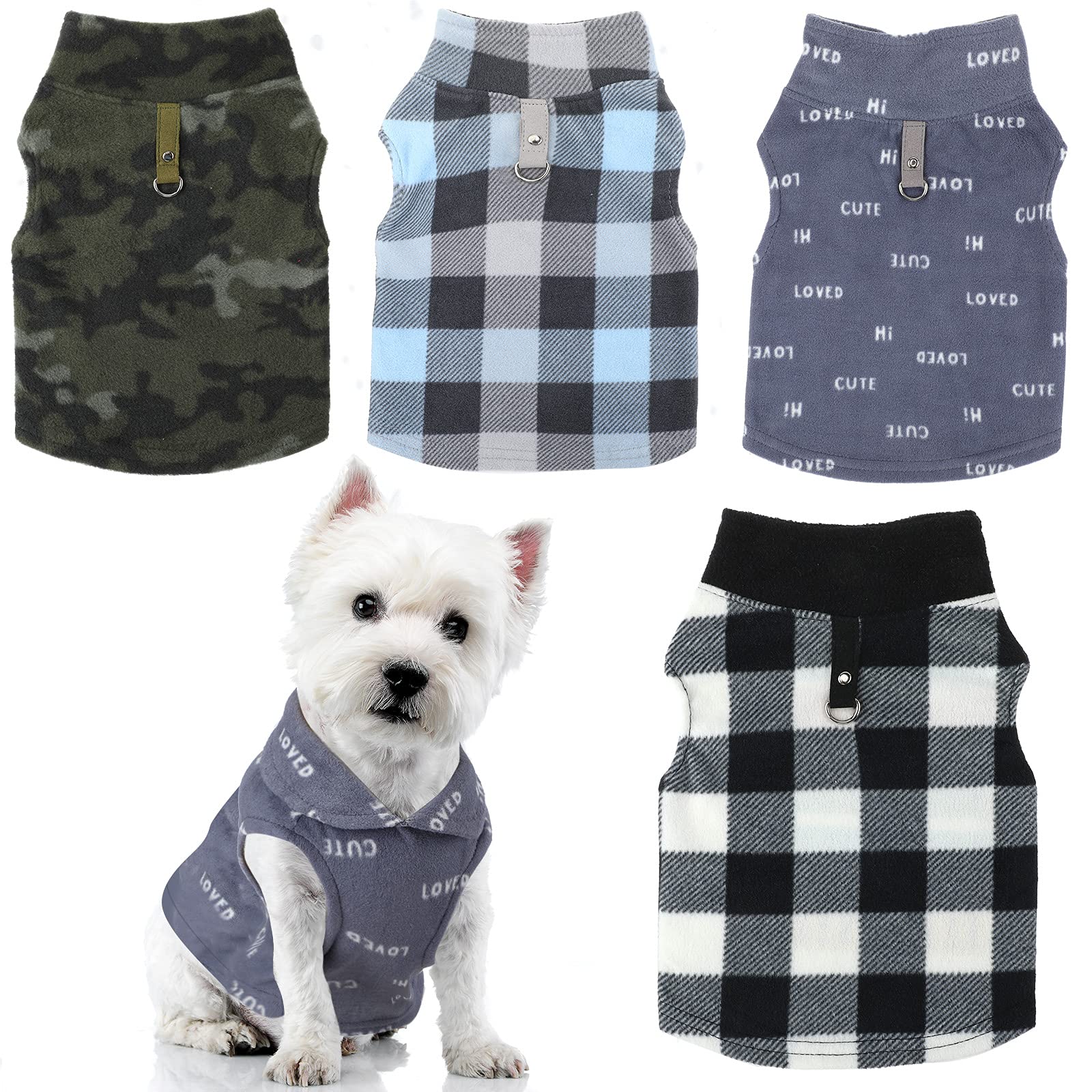 4 Pieces Soft Fleece Vest With Leash Ring Fabric Dog Sweater Camouflage Plaid Winter Fleece Vest Dog Pullover Jacket Warm Pet Do