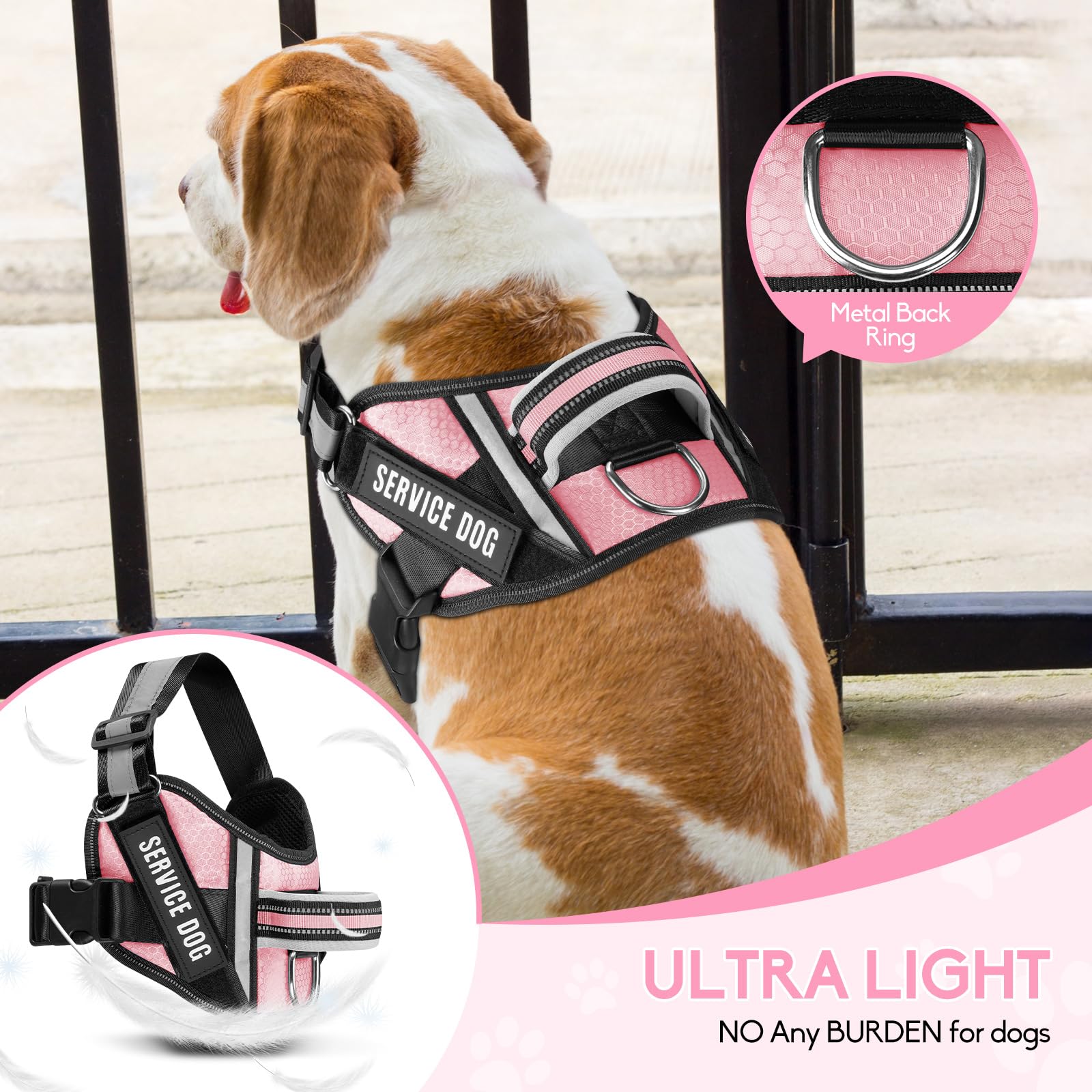 Service Dog Vest Harness And Leash Set, Animire In Training Harness With 8 Dog Patches, Reflective Leash With Soft Padded Handle For Small, Medium, Large, And Extra-Large Dogs(Pink,L)