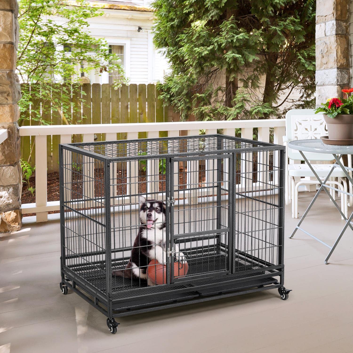 Topeakmart Rolling Pet Dog Crate For Small/Medium Dogs Double-Door Folding Metal Cages W/Lockable 4 Wheels And Tray 43 X 28.5 X