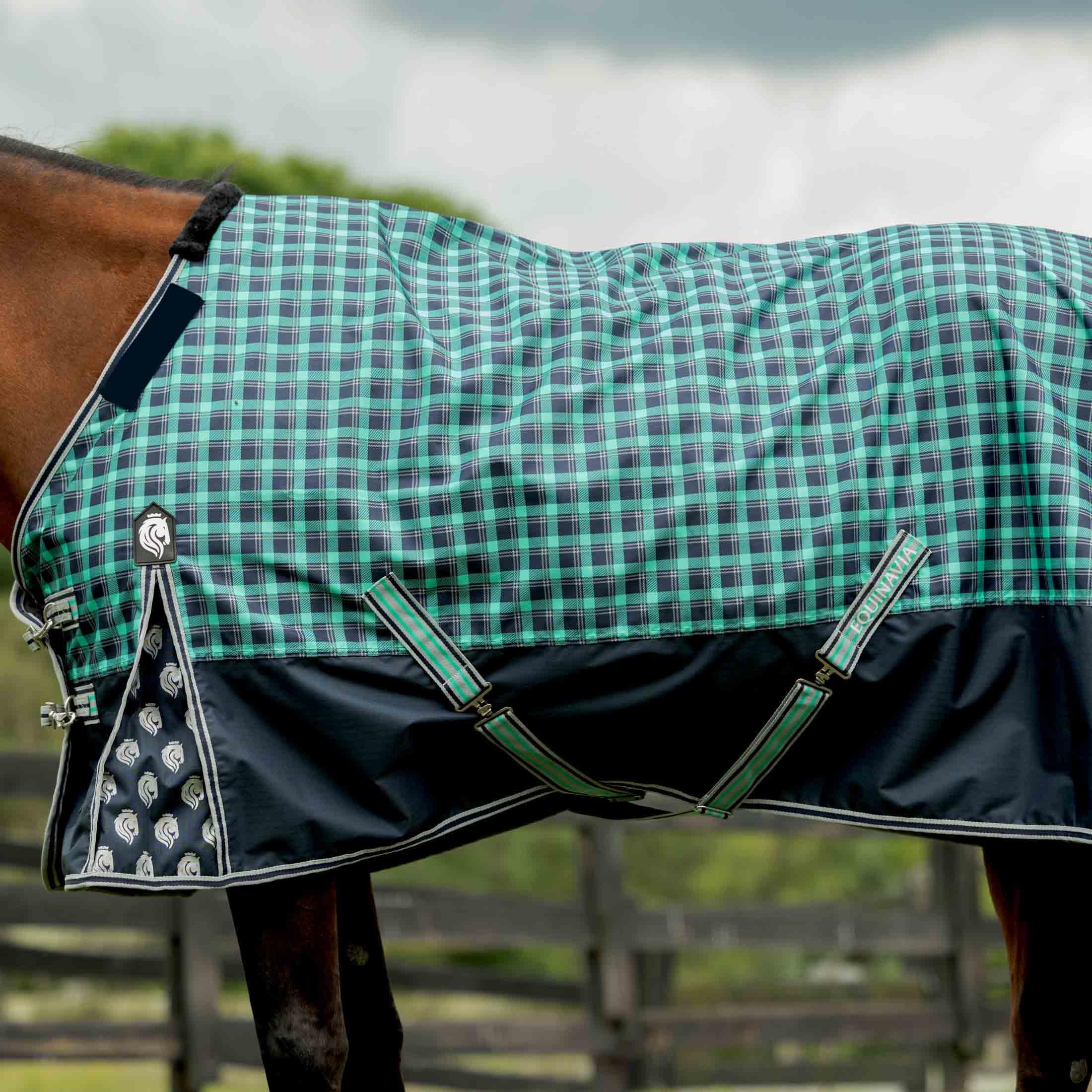 Equinavia Norse No Fill Horse Rain Blanket (0G) | Waterproof Lightweight Turnout Sheet - Black - 66 In - Navy/Turquoise - 78 In