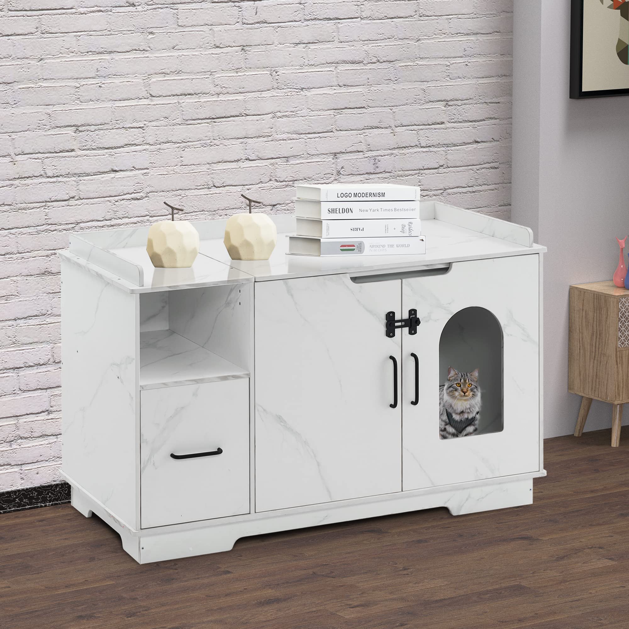 MCombo X-Large Cat Litter Box Furniture, White Engineered Wood Enclosed Cat House with Drawer, Model 6012-CT74DW