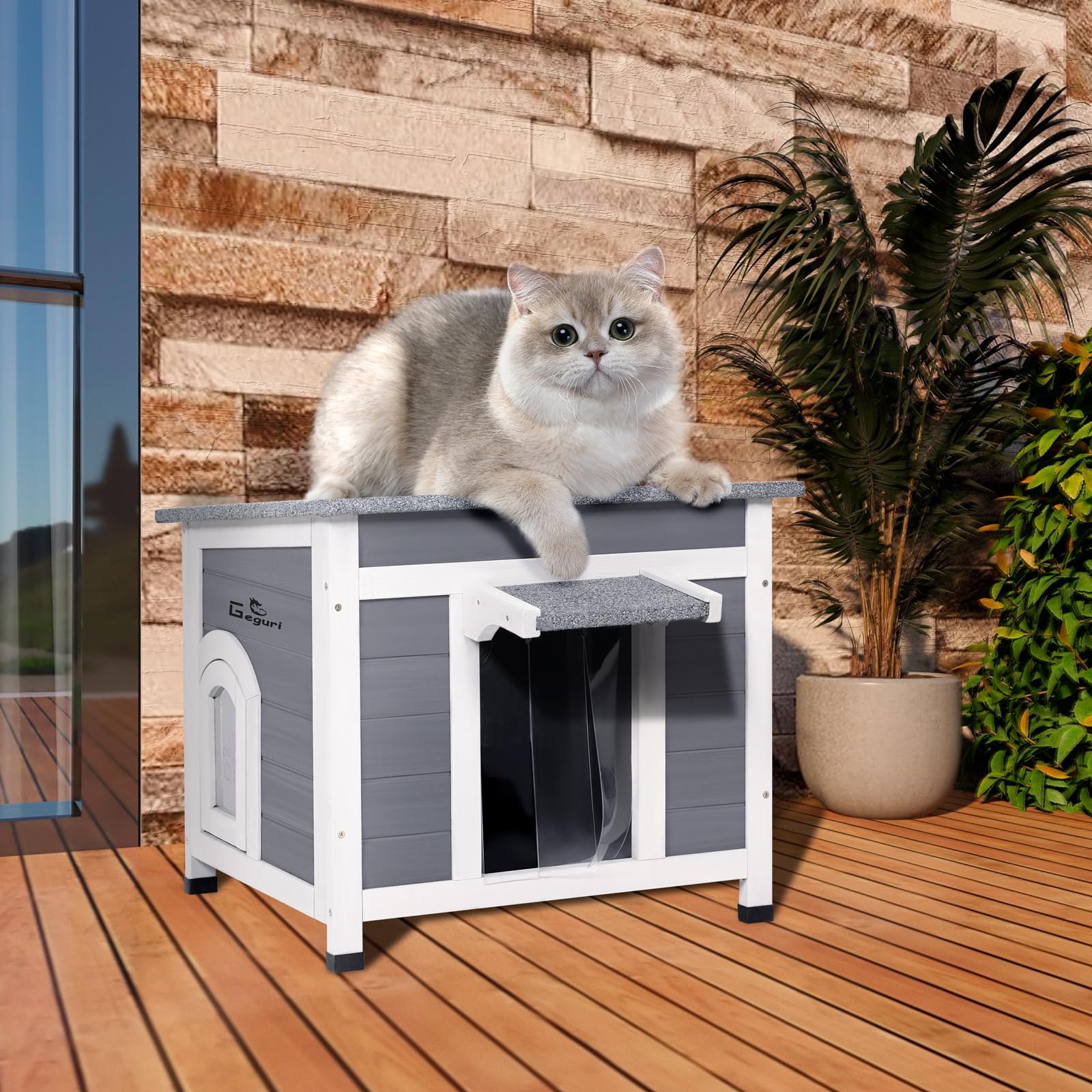 GEGURI Outdoor Cat House - Weatherproof Feral Cat Shelter, Grey Fir Wood, Model GEGURI-600