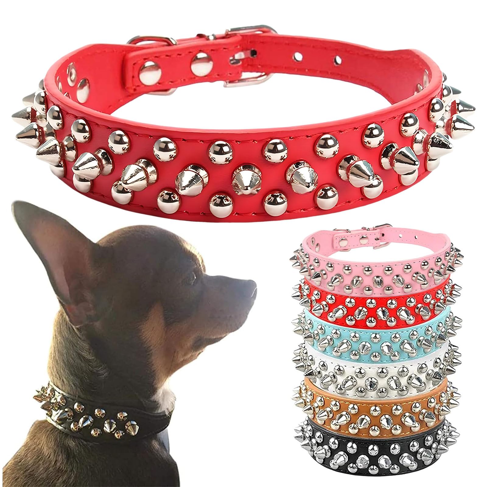 Petcare Spiked Dog Collar Red Soft Pu Leather Funny Mushrooms Rivet Spike Studded Puppy Collar Adjustable Outdoor Pet Dog Collar