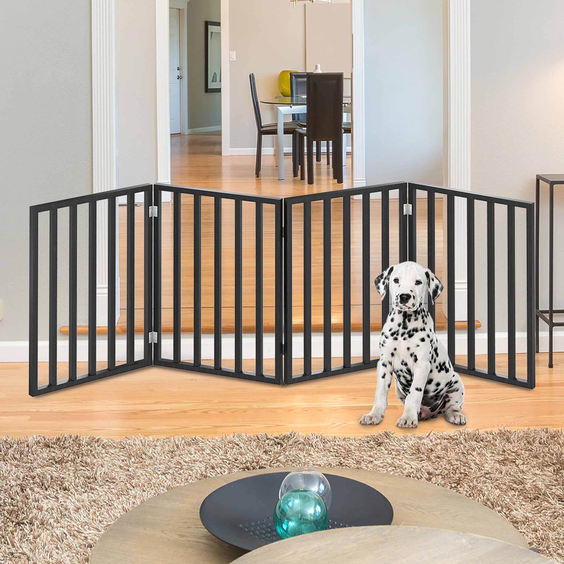 Indoor Pet Gate - 4-Panel Folding Dog Gate For Stairs Or Doorways - 72X24-Inch Freestanding Pet Fence For Cats And Dogs By Petmaker (Black)
