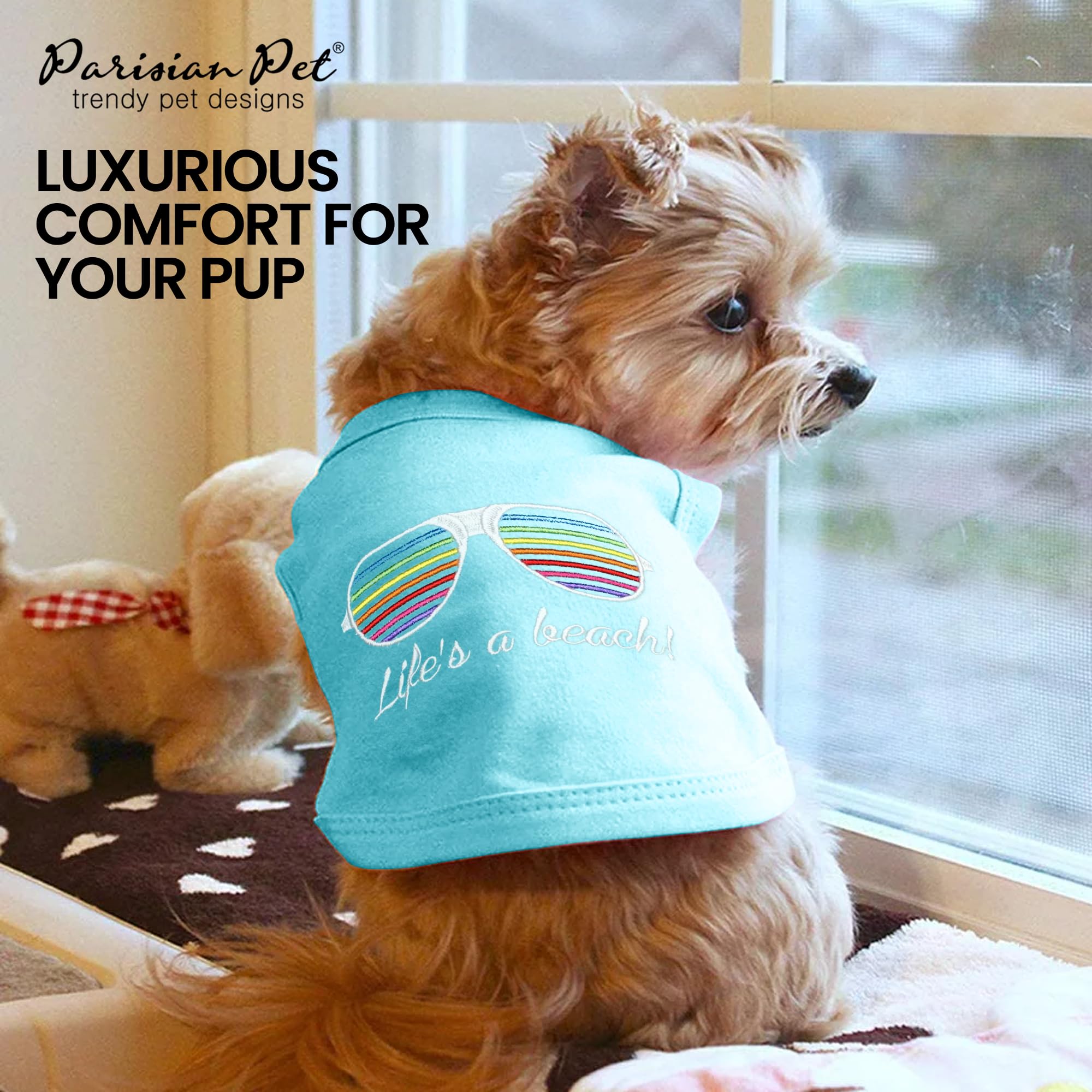 Parisian Pet Dog Tshirt - Embroidered Lifes A Beach Lightweight Tank Top - 100% Cotton, Tee Shirts - Summer Dog Clothes - Machin