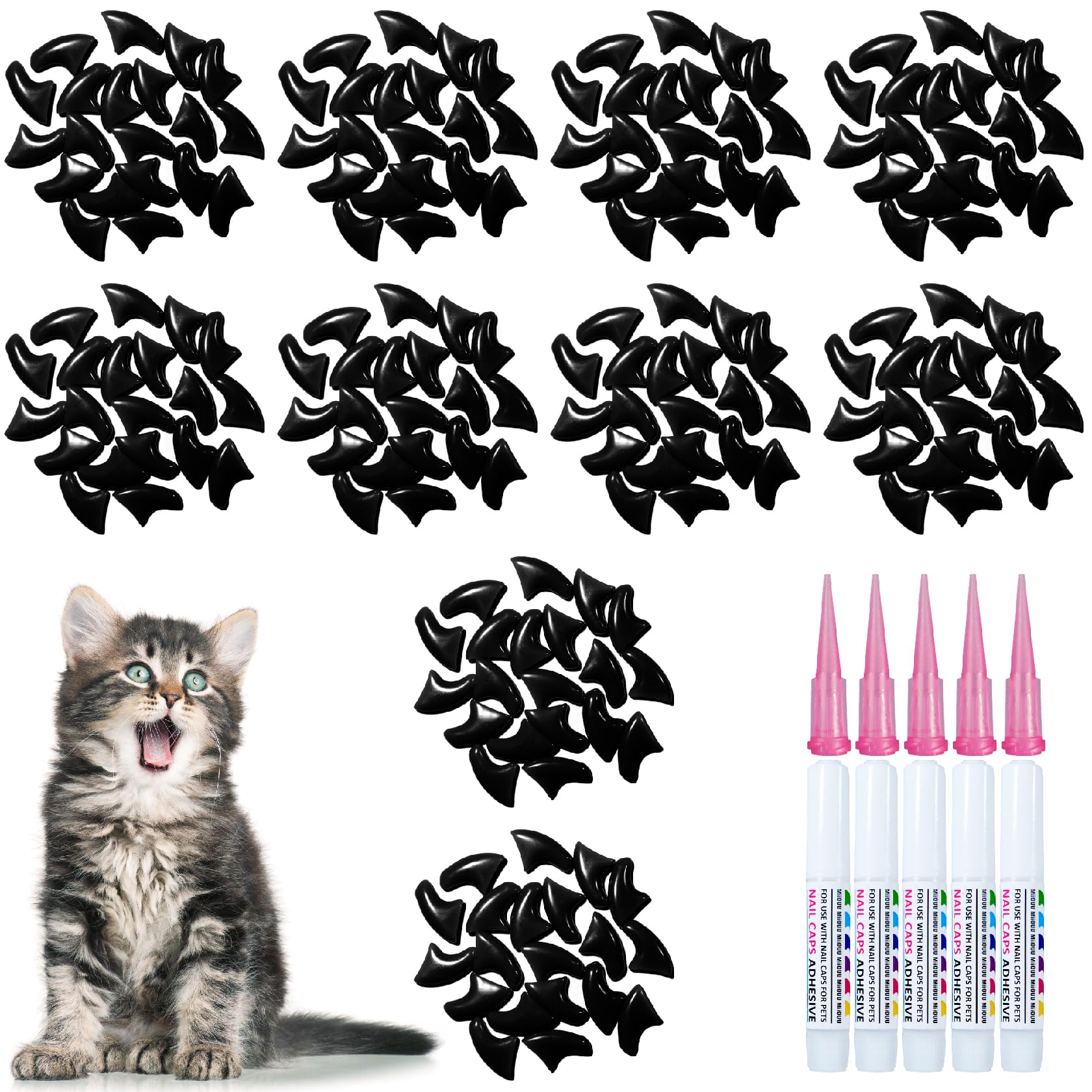 Miiouu 100 Pcs Cat Nail Caps | Cat Claw Covers With Adhesives And Applicators | Black (L)