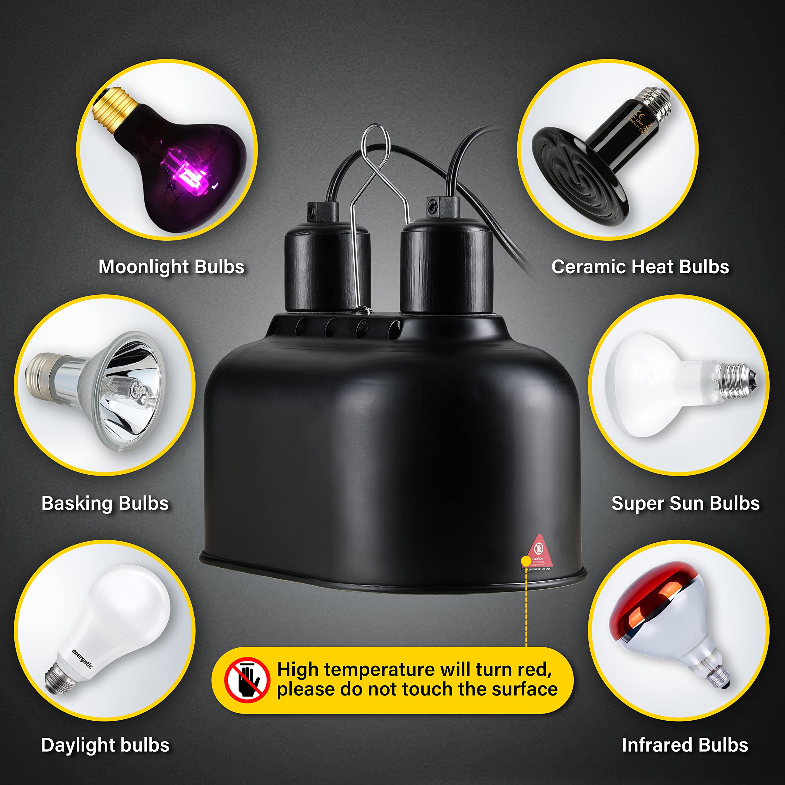 Simple Deluxe Reptile Lamp Fixture Aluminum Dome Light Dual Deep Cap Integration Design Heat-Lighting Lamp Double Sockets Bulbs
