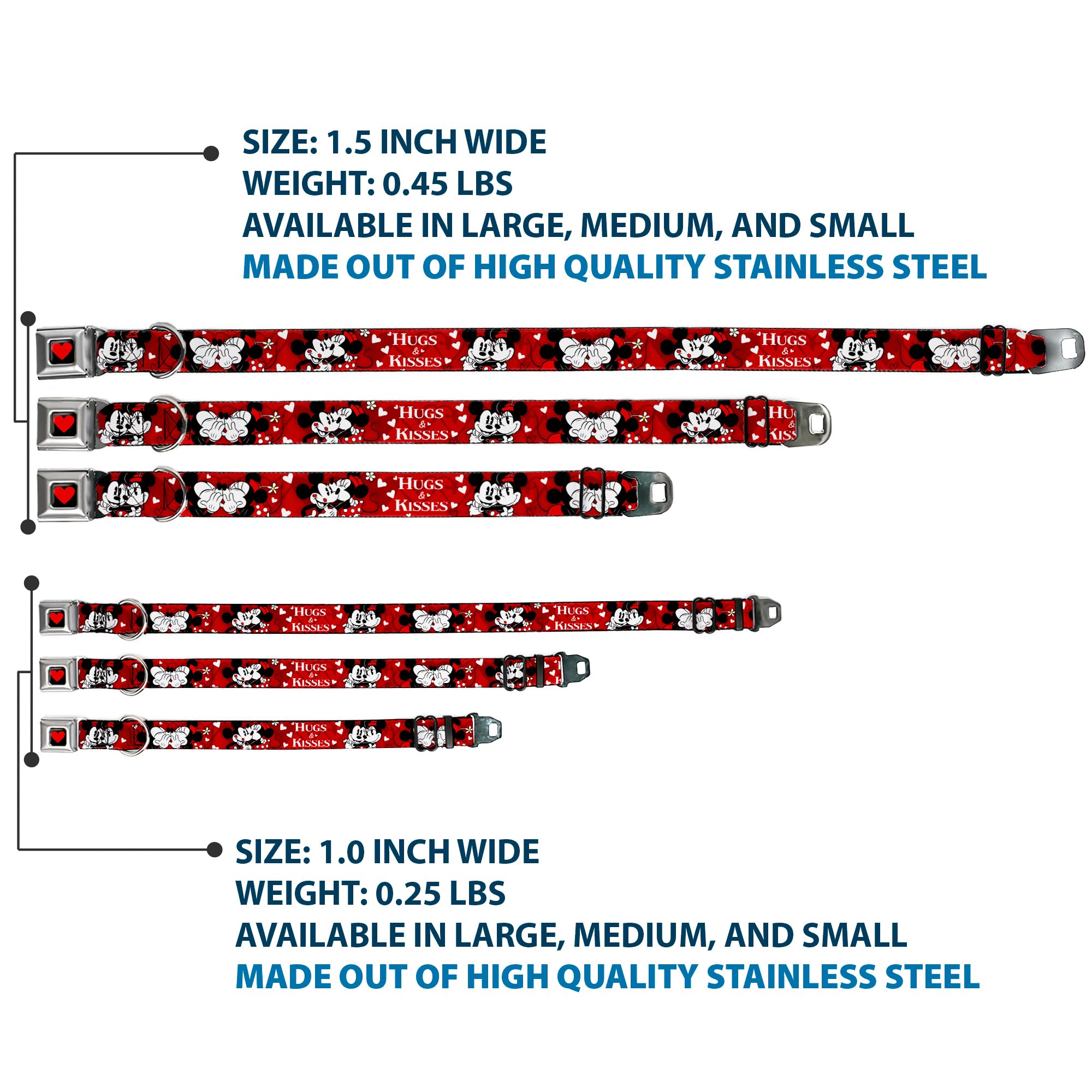 Buckle-Down Dog Collar Seatbelt Buckle Mickey Minnie Hugs Kisses Poses Reds White, Multicolor, 1.5' Wide - Fits 16-23' Neck -