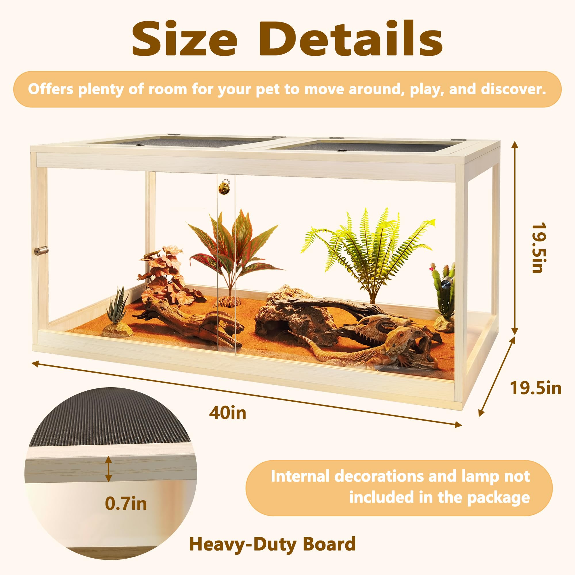Prolee Reptile Terrarium Tank 60 Gallon Maximum, Lizard Tank Bearded Dragon Tank With Metal Mesh Roof Door, Snake Tank With Lock