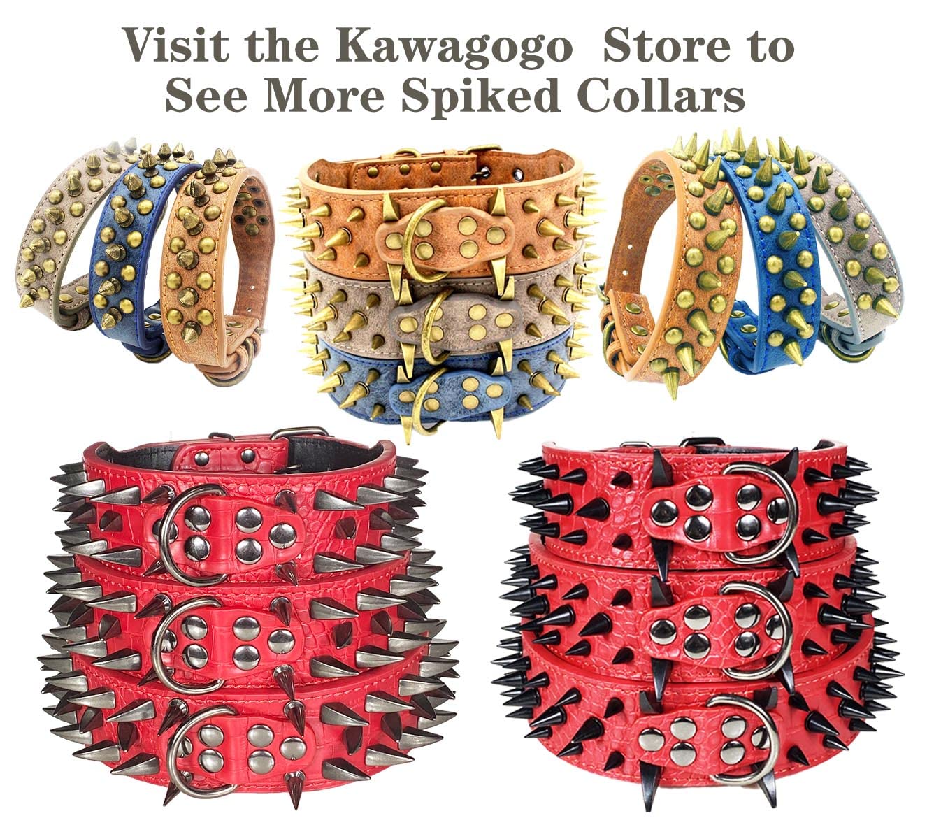 Kawagogo Spiked Dog Collar With Large Sharp Spikes,2 Inch Wide Leather Dog Collar,Anti-Bite,Fit Large Medium Dogs,Pitbull Doberm
