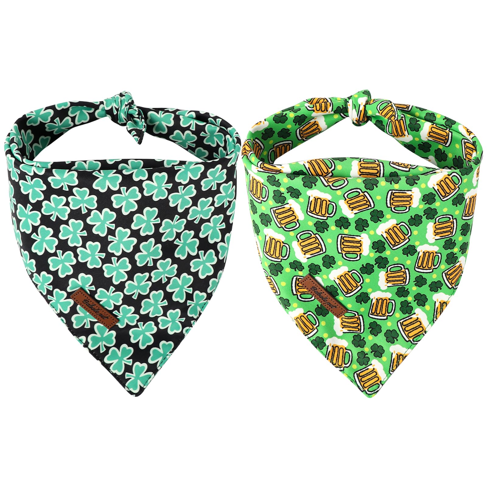 Babole Pet St Patricks Day Dog Bandanas 2 Pack, Green Beer Clover & Black Clover Pattern St Patricks Dog Scarf Bib For Boy And G