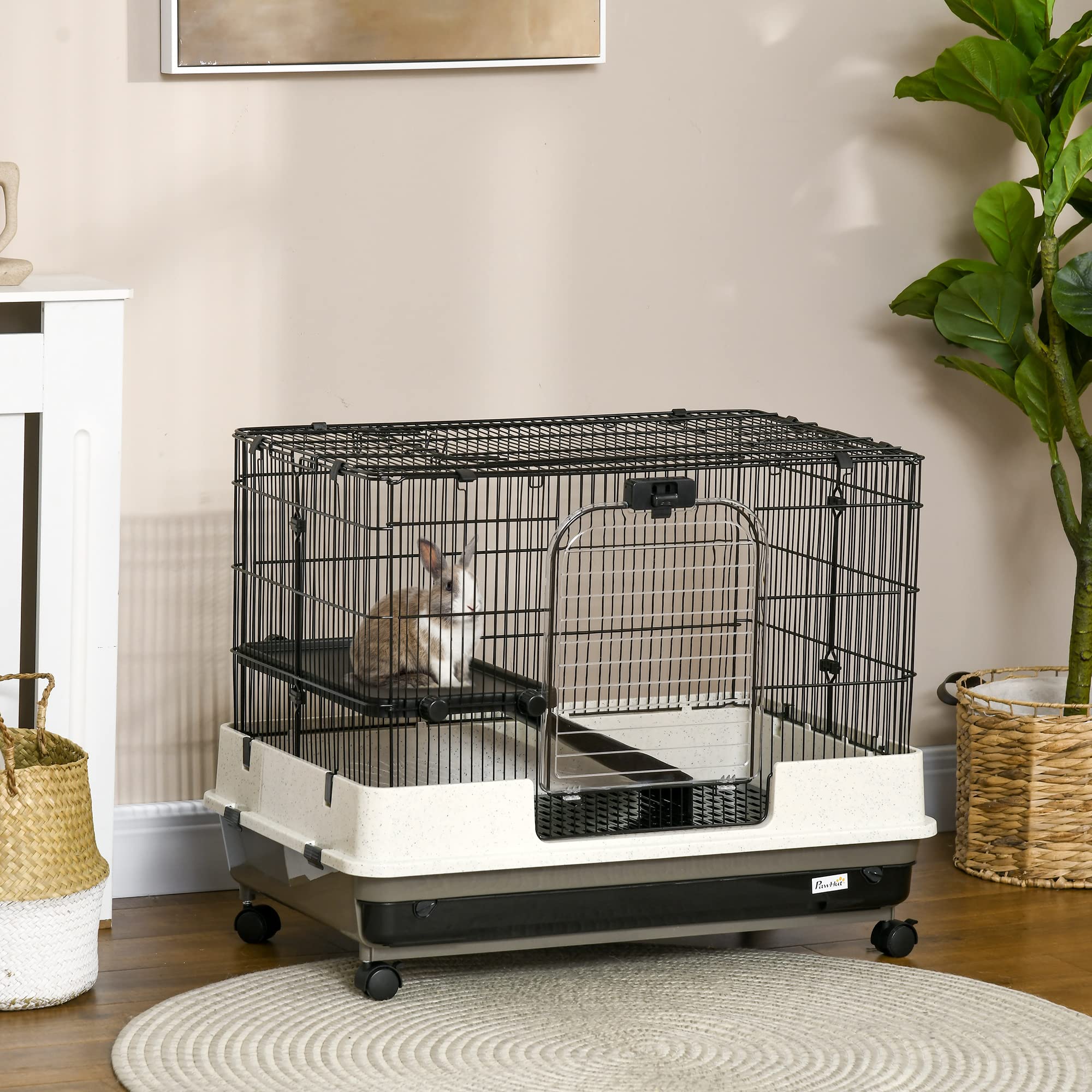 Pawhut 26' Small Animal Cage With Wheels, 2-Level Portable Bunny Cage, Chinchilla Ferret Cage With Removable Tray, Platform And Ramp