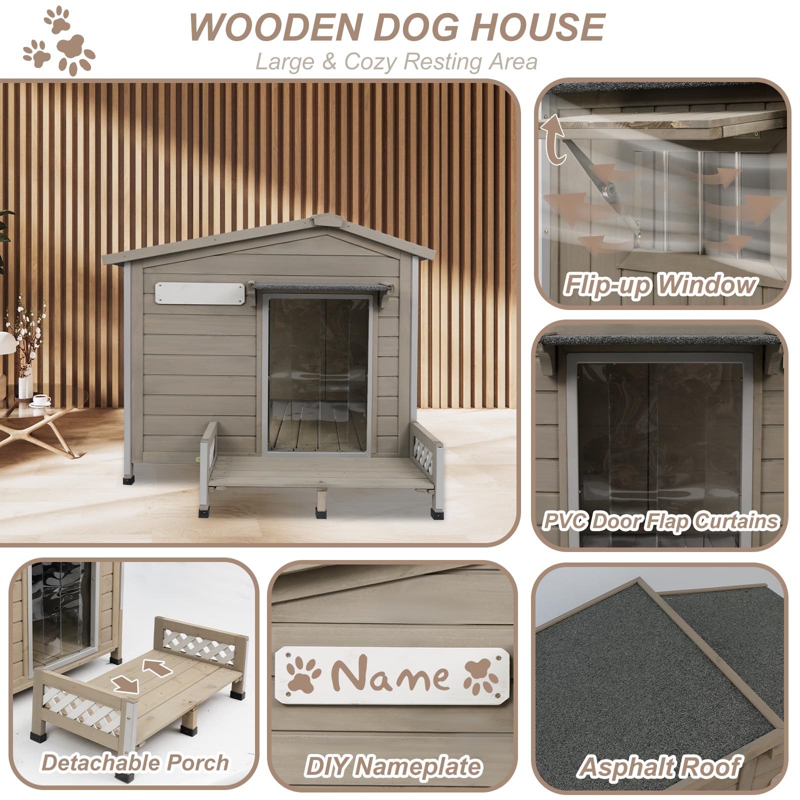 Ketive Large Outdoor Dog House 41" with Porch, Removable Floor, Grey Fir Wood, Model Dog House 67