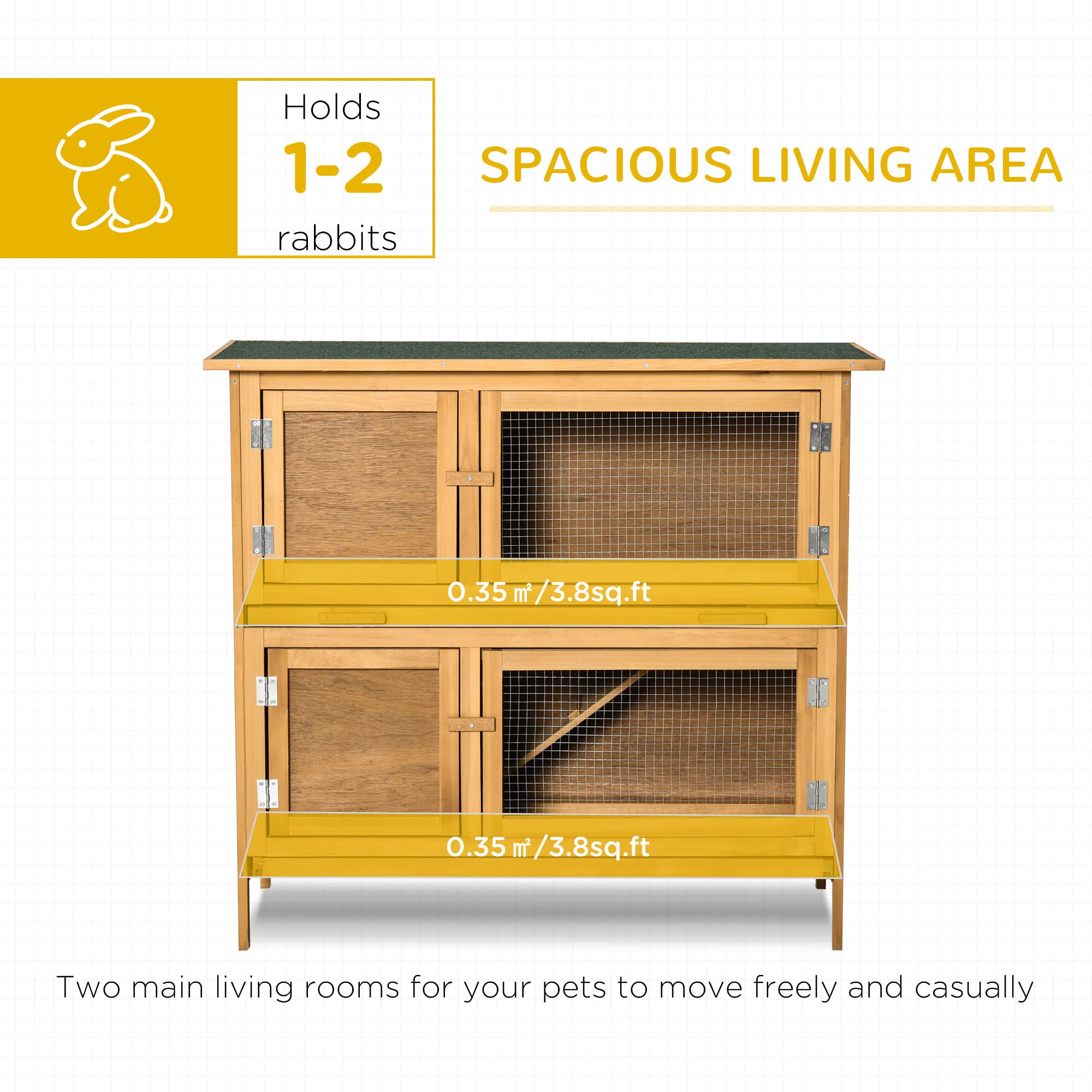 Pawhut Wooden Bunny Rabbit Hutch, Small Animal Habitat With Ramp, Removable Tray & Weatherproof Roof, Indoor/Outdoor, Yellow