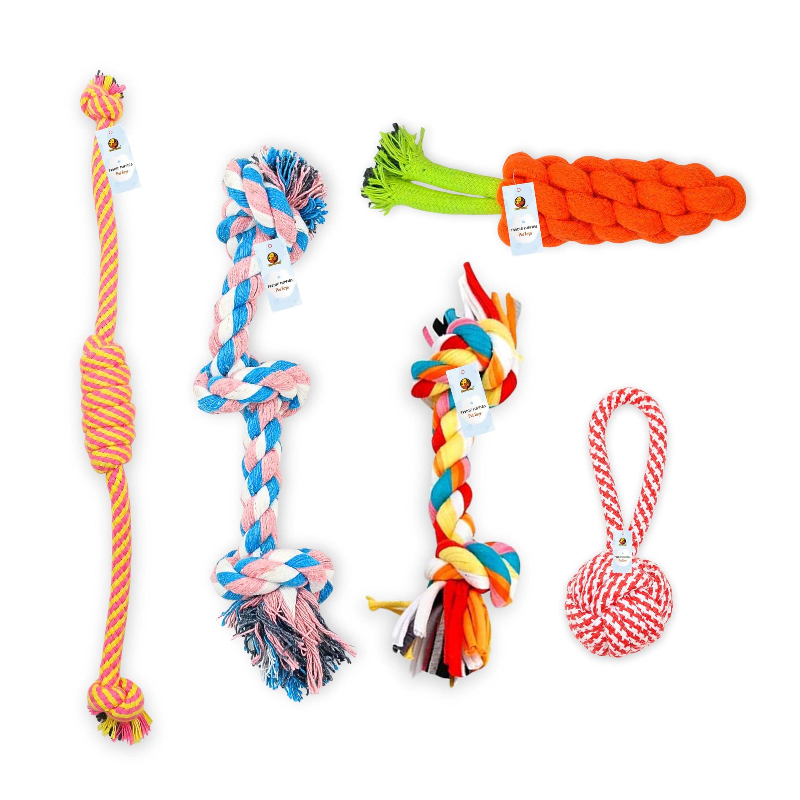 Foodie Puppies Dog Chew Rope Toy Combo Of 5  (2Knot + 3Knot + Handle Ball + Carrot + Twisted) For Small To Medium Dogs And Pupp