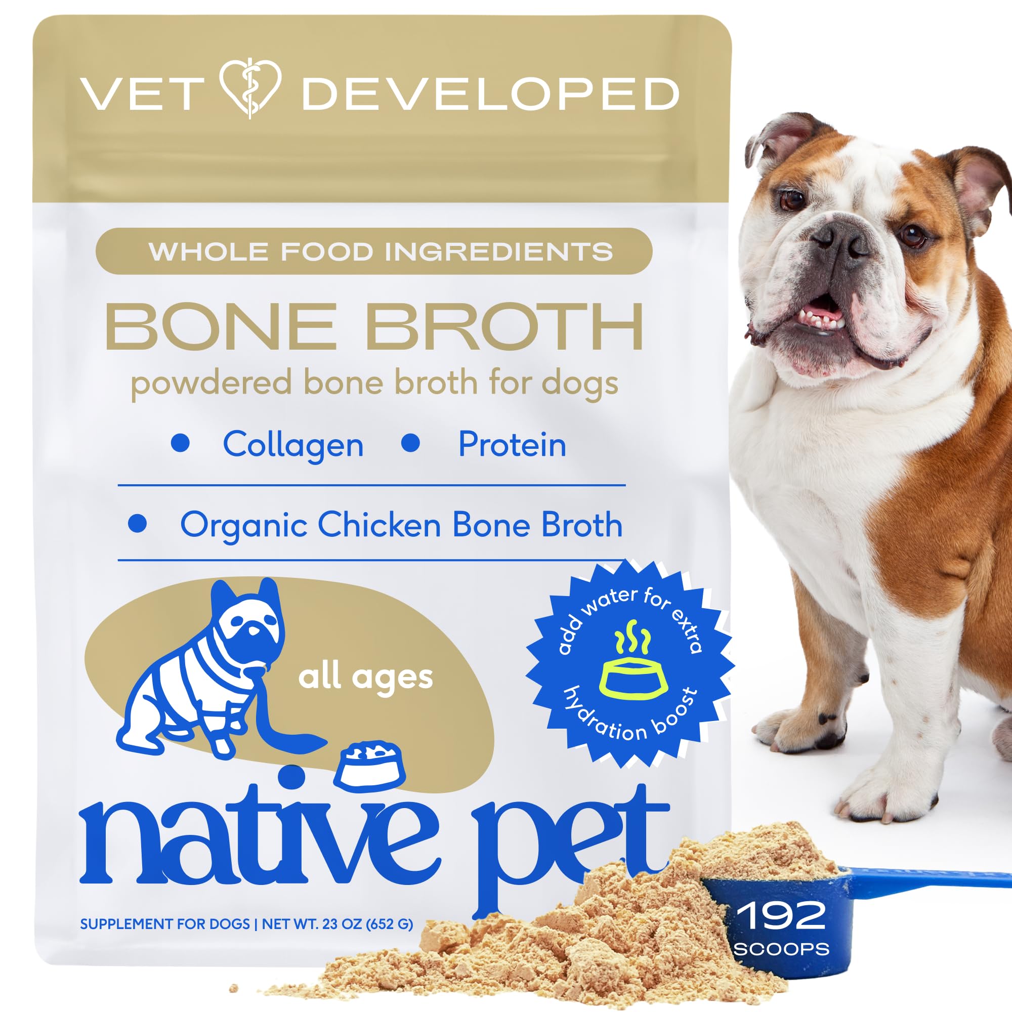 Native Pet Bone Broth for Dogs and Cats - Chicken Bone Broth Powder Dog Food Toppers for Picky Eaters - Provides Extra Nutrition