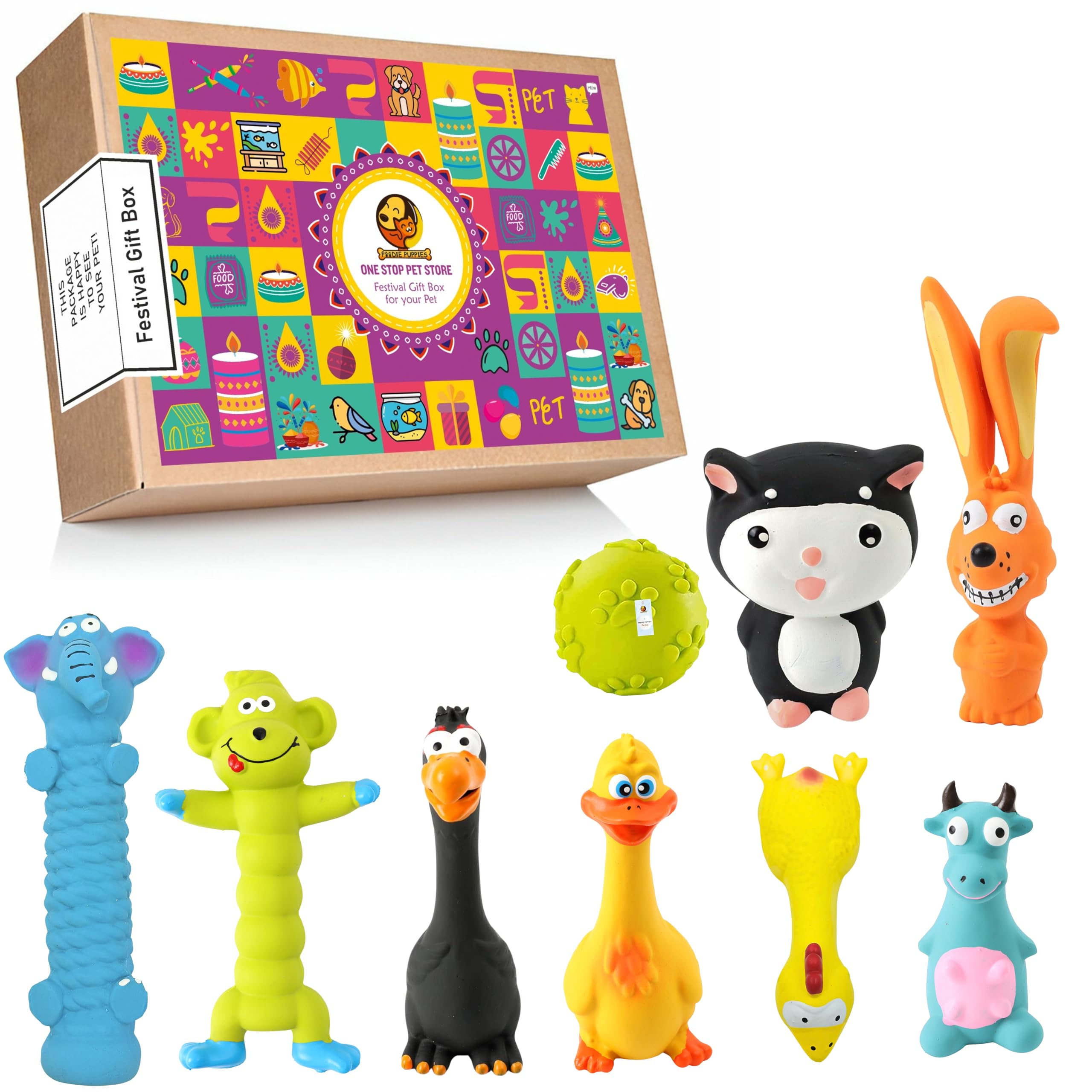 Foodie Puppies 10 Pcs Dog Squeaky Latex Toy Combo Festival Gift Box  (Long Elephant, Monkey, Kitty, Blue Dog, Yellow Duck, Slee