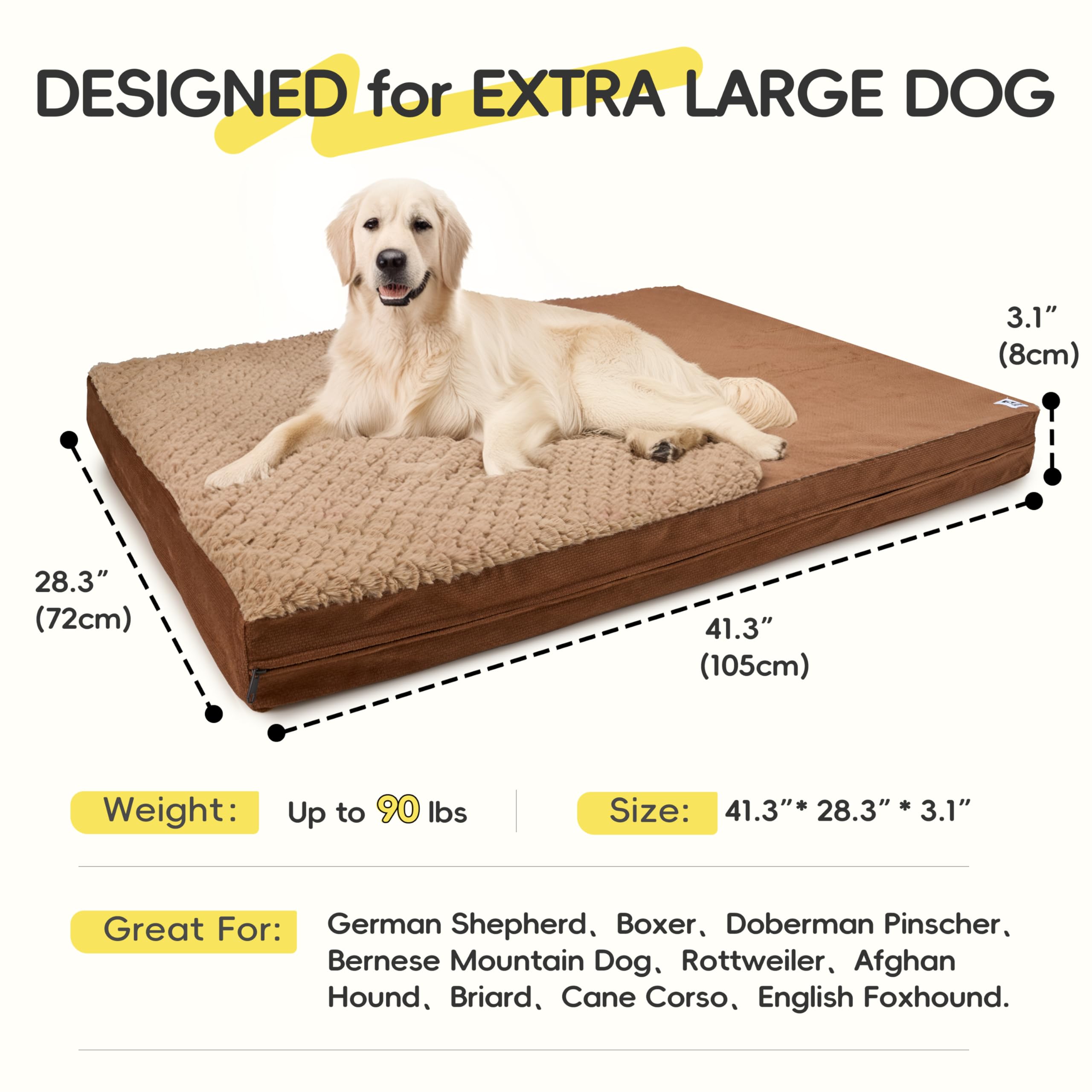Reversible Waterproof Dog Bed For Crate, Extra Large, Washable Cover, Egg Crate Foam, Standard Size For Dogs Up To 90 Lbs, Brown