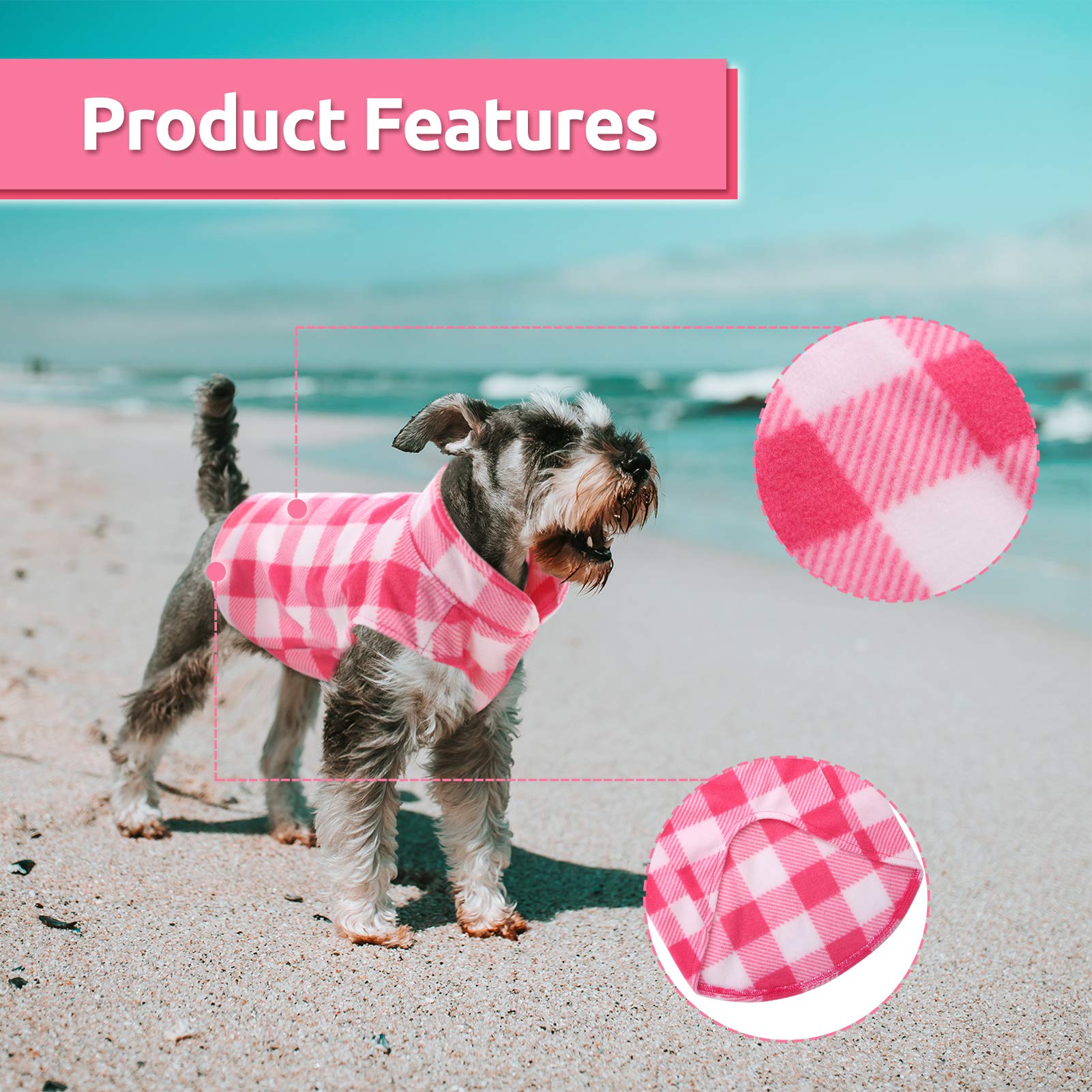 Asenku Plaid Dog Fleece Vest, Soft Comfortable Pet Pajamas, Warm Winter Dog Shirt, Cold Weather Coat Jacket - Pink, L