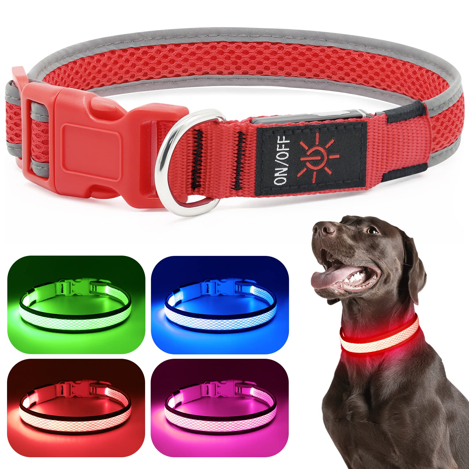 Flashseen Led Dog Collar, Usb Rechargeable Light Up Dog Collar Lights, Adjustable Comfortable Soft Mesh Safety Dog Collar For Small, Medium, Large Dogs(Small, Ruby Red)