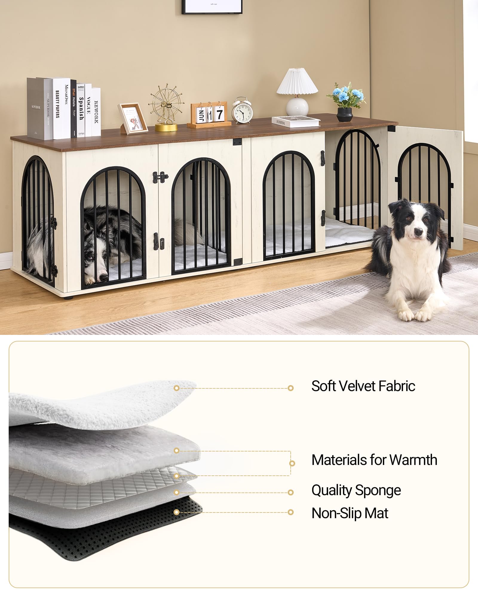 Hzuaneri 71 Dog Crate Furniture for 2 Dogs, Heavy Duty Indoor Dog Kennel TV Stand, XXL Wooden Dog Cage with Divider for Medium L