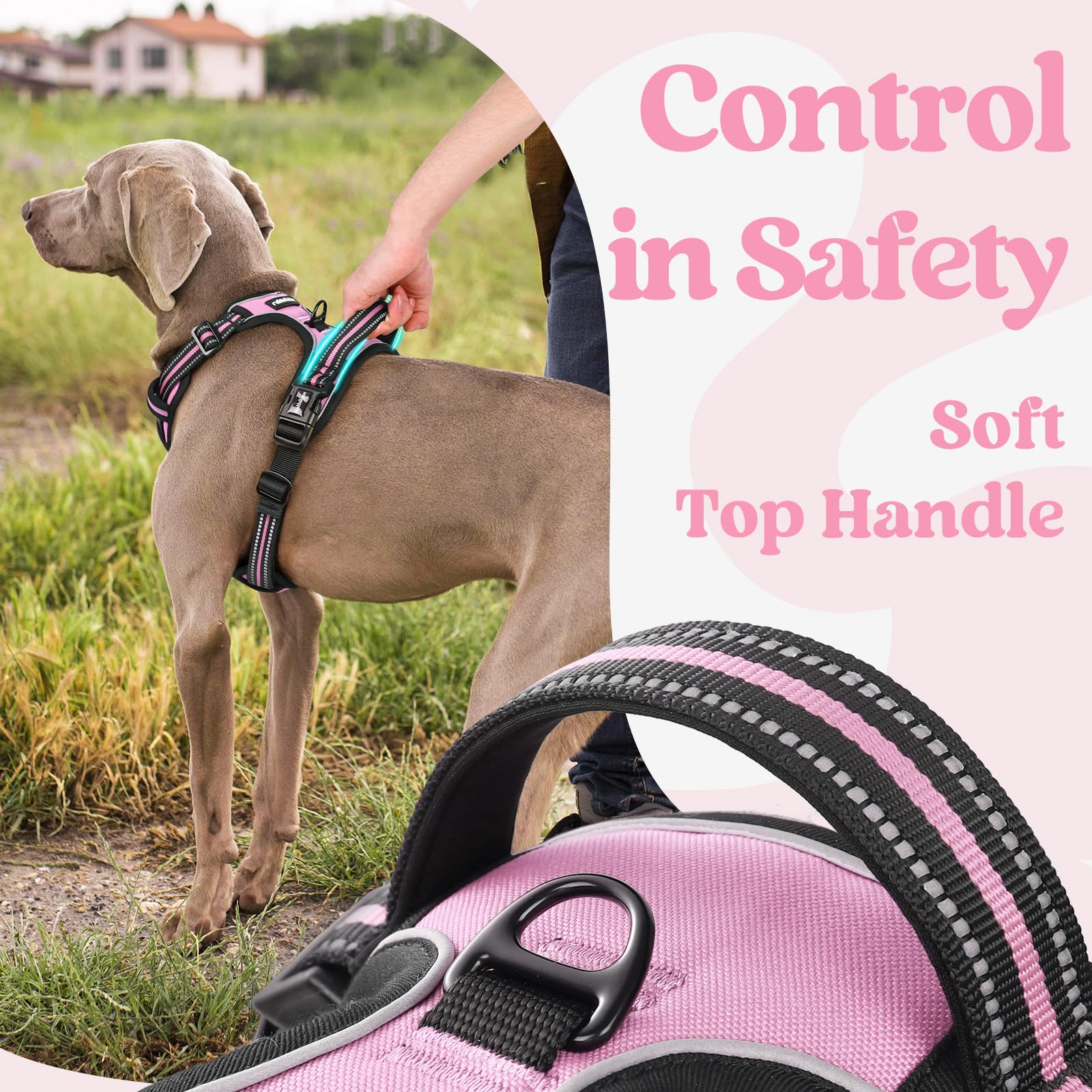Rabbitgoo Dog Harness For Large, No Pull Pet Harness With 3 Buckles, Adjustable Soft Padded Pooch Vest With Instant Control Handle, Easy Walking Reflective Pet Vest For Extra Large Dogs, Pink, Xl