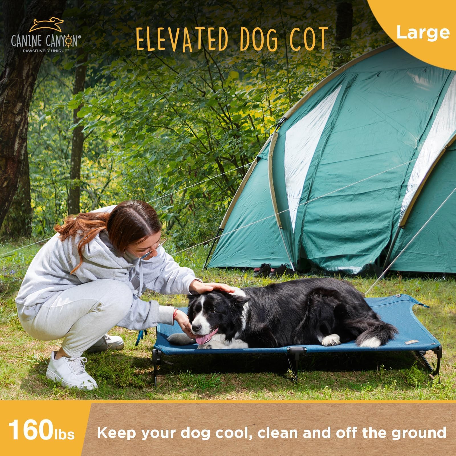 CANINE CANYON Large Folding Raised Dog Cot, Heavy Duty Nylon, Chew Proof, Portable, Dark Blue, 43"x27"x7", Model 9020