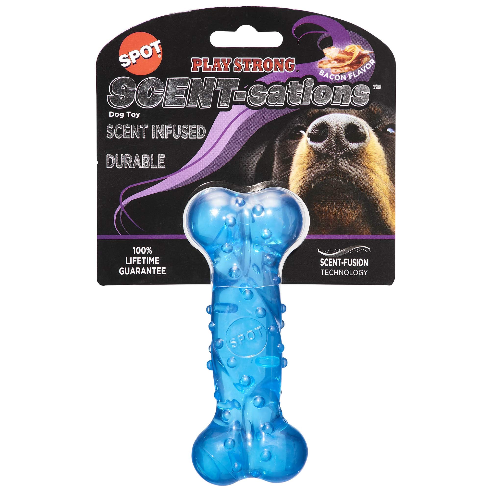 Spot Play Strong Scent-Sations Bone - Scent-Infused, Strong, Durable Tpr Rubber, Heavy Duty Dog Toys For Aggressive Chewers Up To 45Lbs, Perfect For Puppies & Medium Breeds, 6In, Bacon Flavored