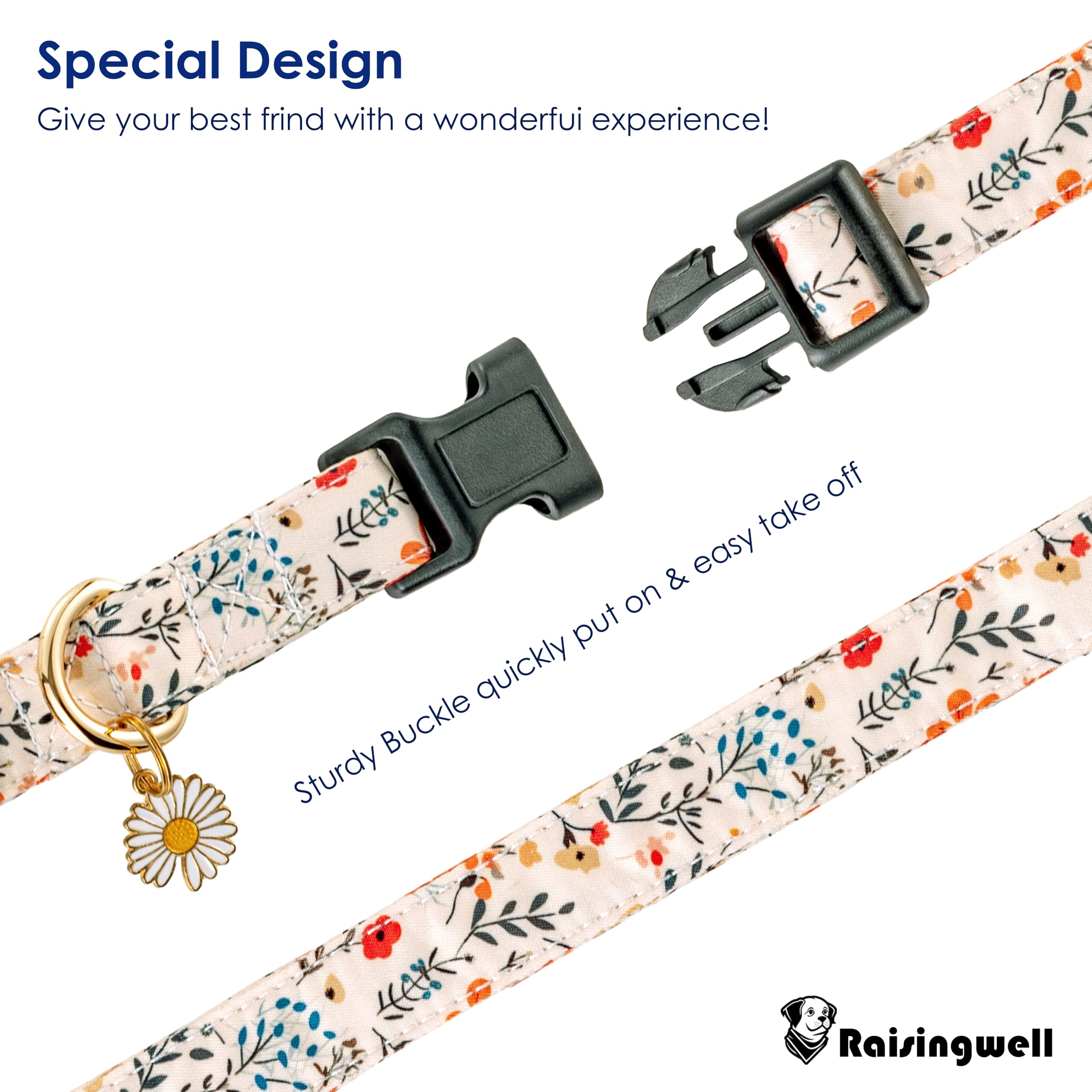 Raisingwell Cotton Dog Collar Light Pink Flower Pattern For Boys And Girls Cute Dog Collars Summer Fall Gift Adjustable For Smal